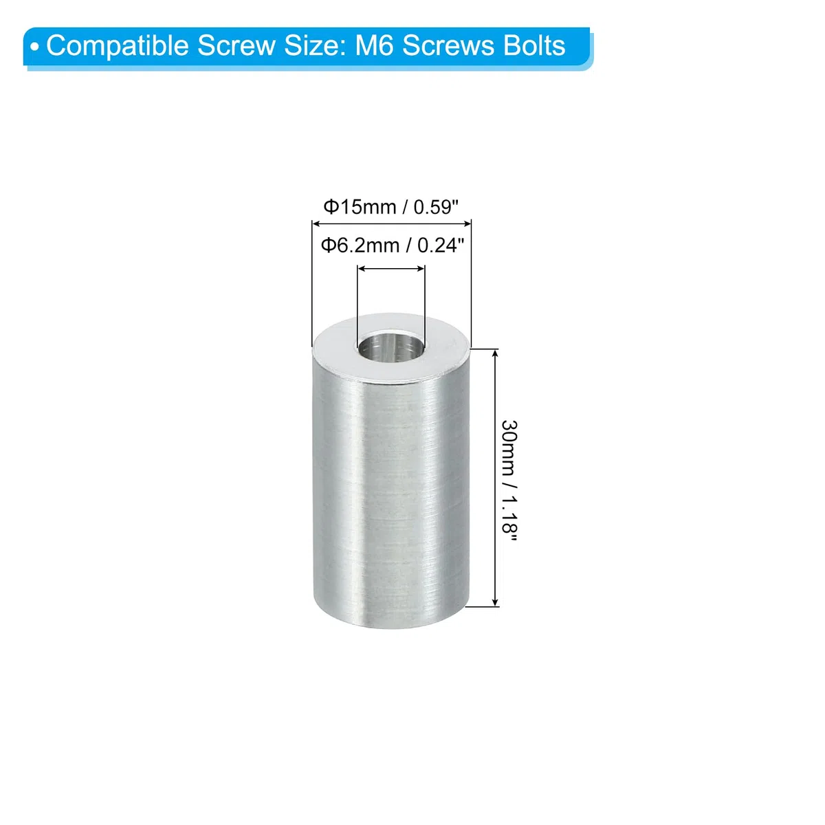 PATIKIL Separadores de Aluminio M6 5 Piezas Espaciadores Metálicos de Aluminio 6,2mm ID x 15mm OD x 30mm Longitud Aluminio Redondo Tornillo Separador Para Tornillos de 1/4" O M6