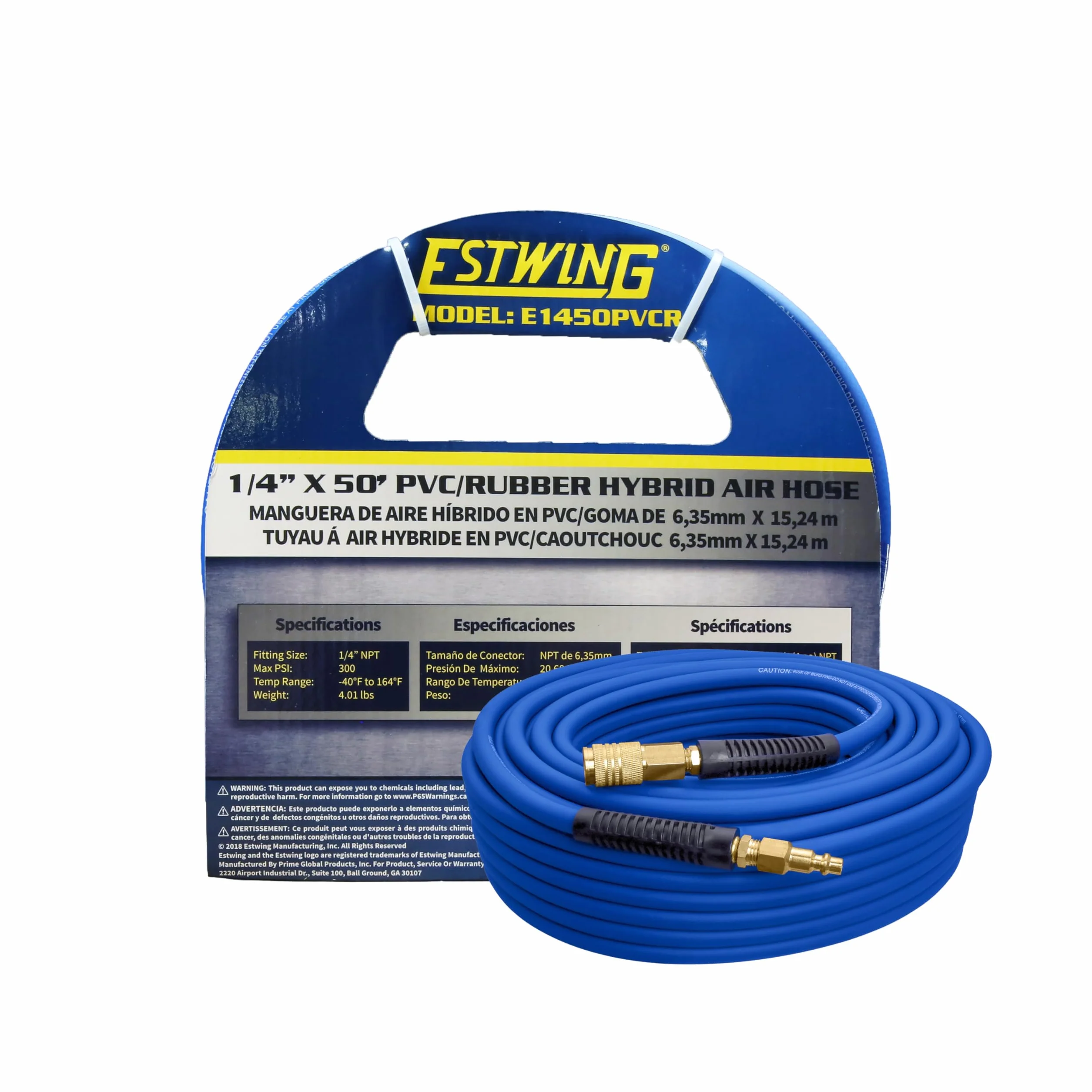 Estwing E1450PVCR 50' PVC/Rubber Hybrid Air Hose with Brass NPT Industrial Fitting and Universal Quick Connect Coupler, Blue and Yellow, 1/4" x 50’