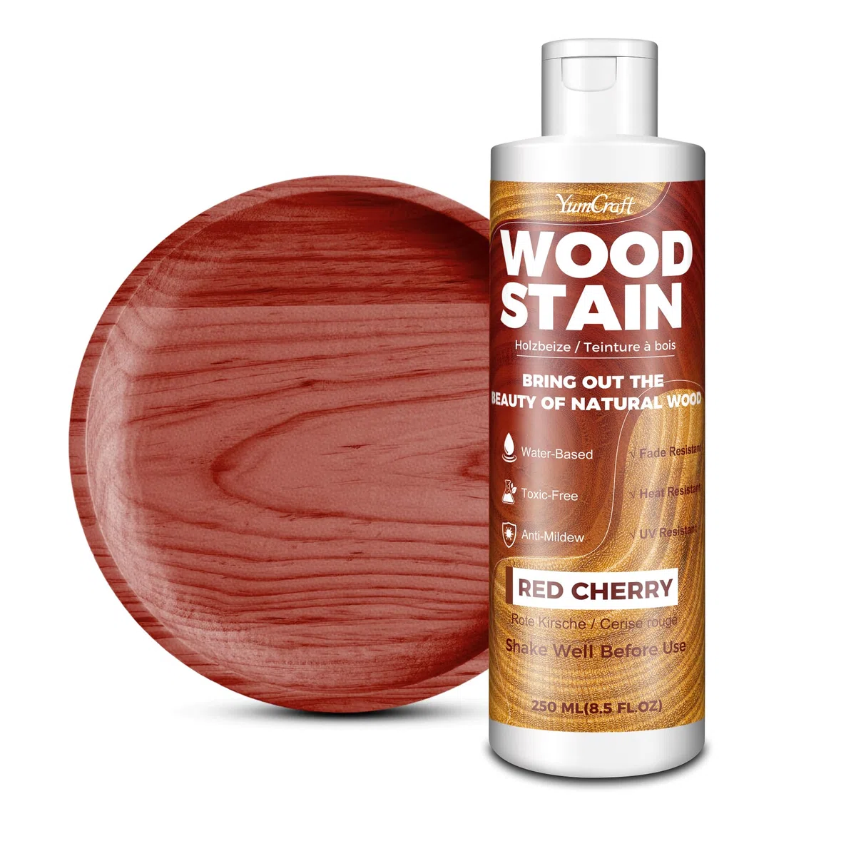 Tinte Para Madera 250ml Cerezo Rojo, Barniz para Madera a Base de Agua, para Muebles Interior Exterior, Armarios, Gabinetes, Estantes y Puertas, Secado Rápido, Bajo Olor y No Tóxico