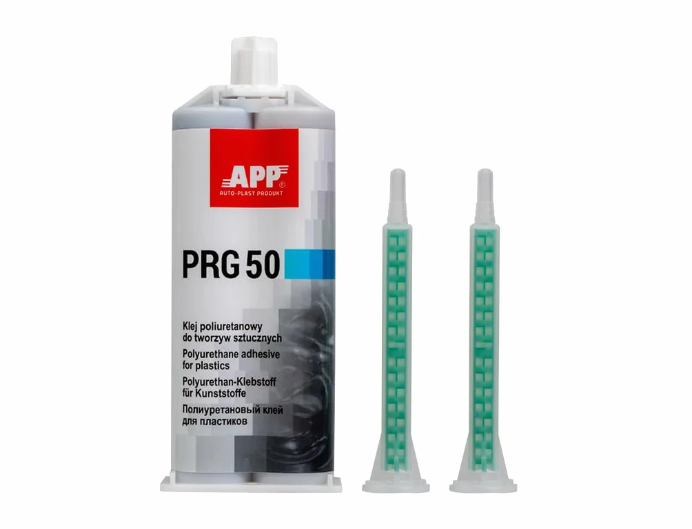 APP PRG 50 – Pegamento para plastico de dos componentes a base de poliuretano | Repara, rellena y pega | Secado rápido | Compatible con metal, acero, aluminio y vidrio | Color negro | 2 x 25 ml