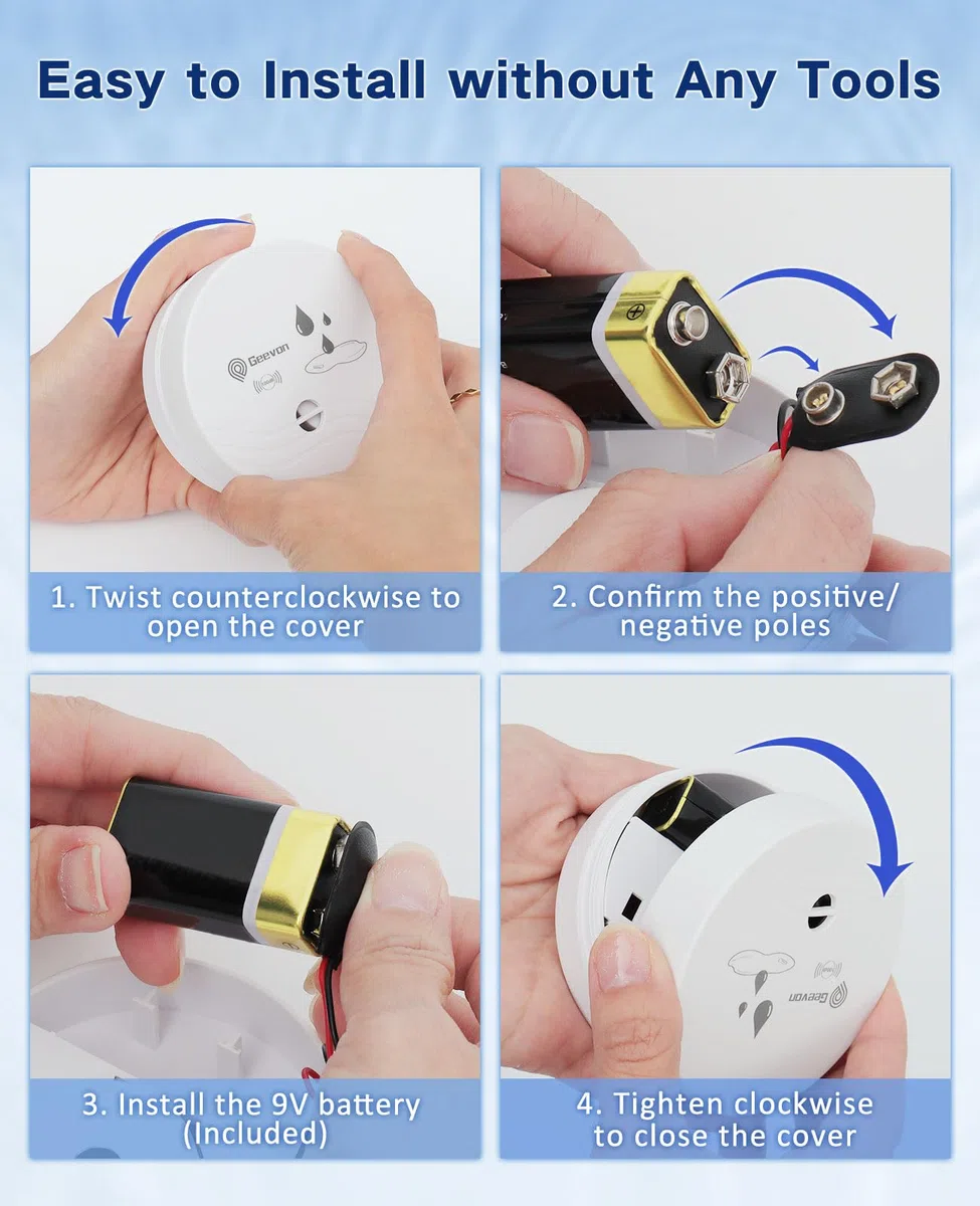 Geevon Paquete de 2 detectores de fugas de agua, alarmas de sensor de agua de 100 dB, detector de inundación para sótanos, baños, lavanderías, cocinas, garajes y áticos, alarmas de agua que funcionan