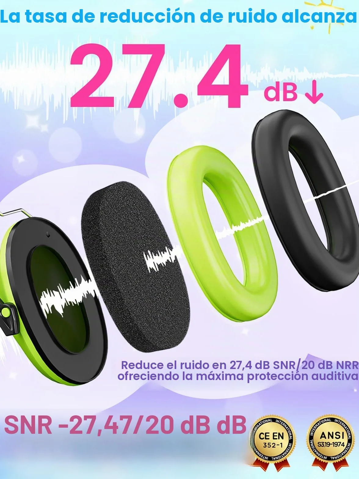 Dr.meter Cascos Antiruido para Niños, Cascos Ruido Niños Protección Auditiva SNR 27.4dB, Diadema Ajustable, Orejeras Suaves Cómodas, Reducción de Ruido para Estudio, Viajes y Eventos Ruidosos - Verde
