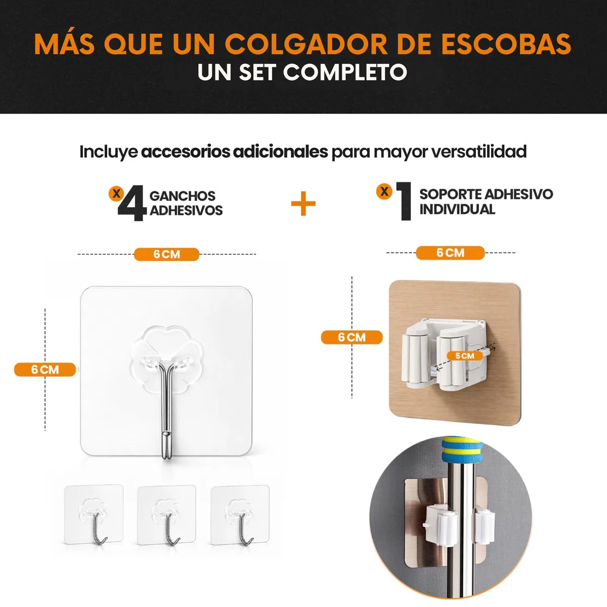 Pack Colgador Escobas y Fregonas + 1 Soporte Escobas Pared Adhesivo+ 4 Ganchos Multiusos | Acero Inoxidable Apto Exterior | Con/sin Taladro (Incluye Adhesivo y Tornillería) | Hasta 15kg