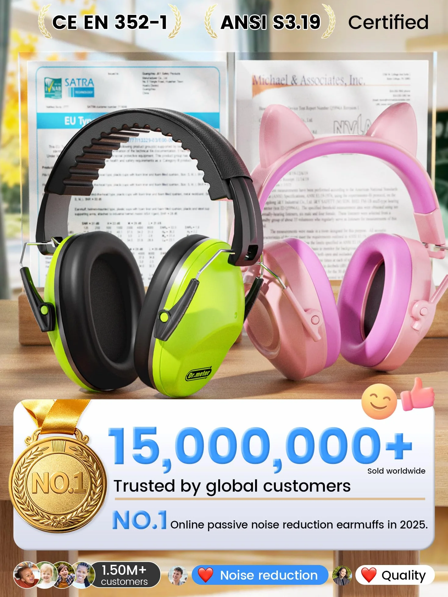 Dr.meter Cascos Antiruido para Niños, Cascos Ruido Niños Protección Auditiva SNR 27.4dB, Diadema Ajustable, Orejeras Suaves Cómodas, Reducción de Ruido para Estudio, Viajes y Eventos Ruidosos - Verde