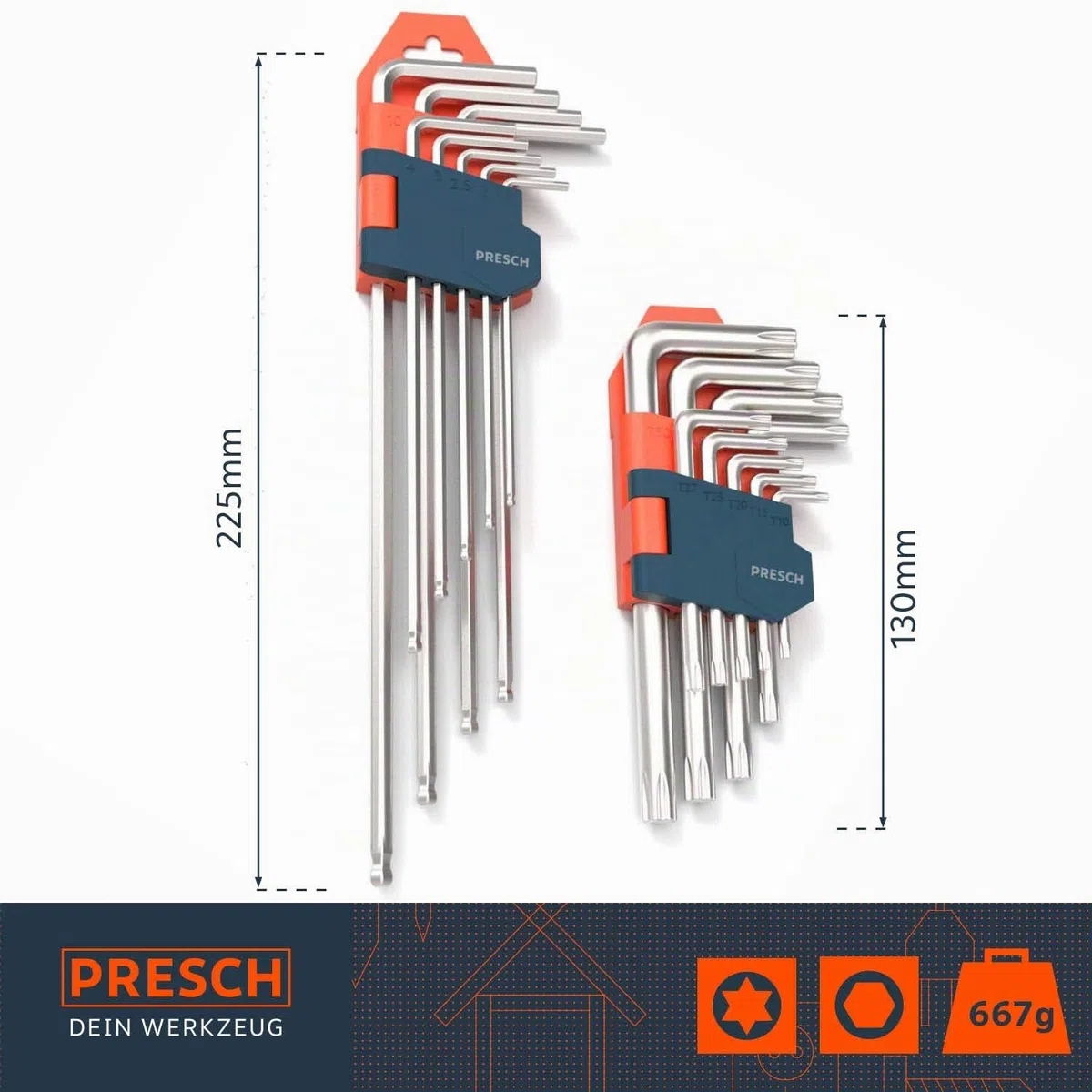 PRESCH juego de 18 llaves Allen HX & TX - juego profesional llaves Allen pequeño compacto con soporte plegable