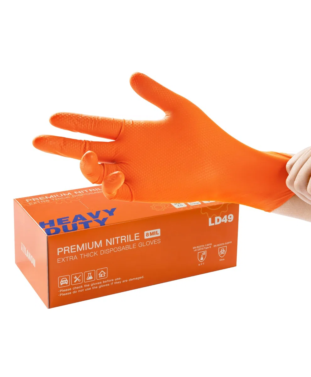 LANON 8 Mil Guantes Nitrilo, Naranja Guantes Desechables, Heavy-Duty, Mecánico, Apto para Alimentos, Sin Látex, Sin Polvo, Totalmente con Textura de Diamante, Talla L