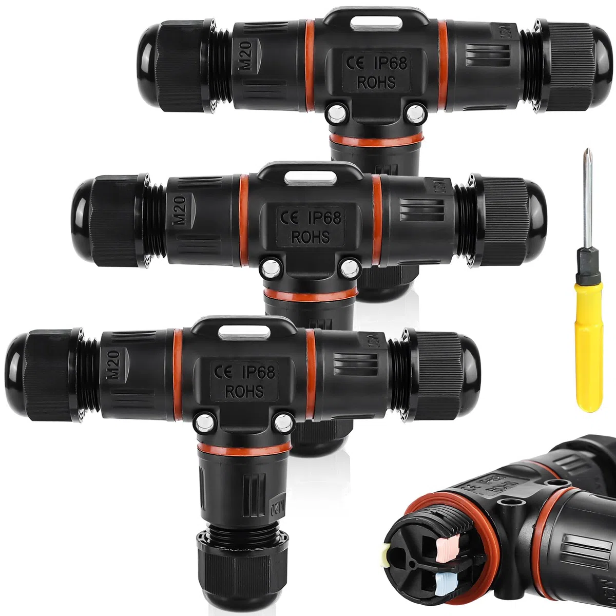 3 conectores de cable de 3 polos, resistentes al agua IP68, conector de cable en forma de T, resistente al agua de 3 pines, manguito de conexión para cable de 3 a 12 mm de diámetro, caja de derivación