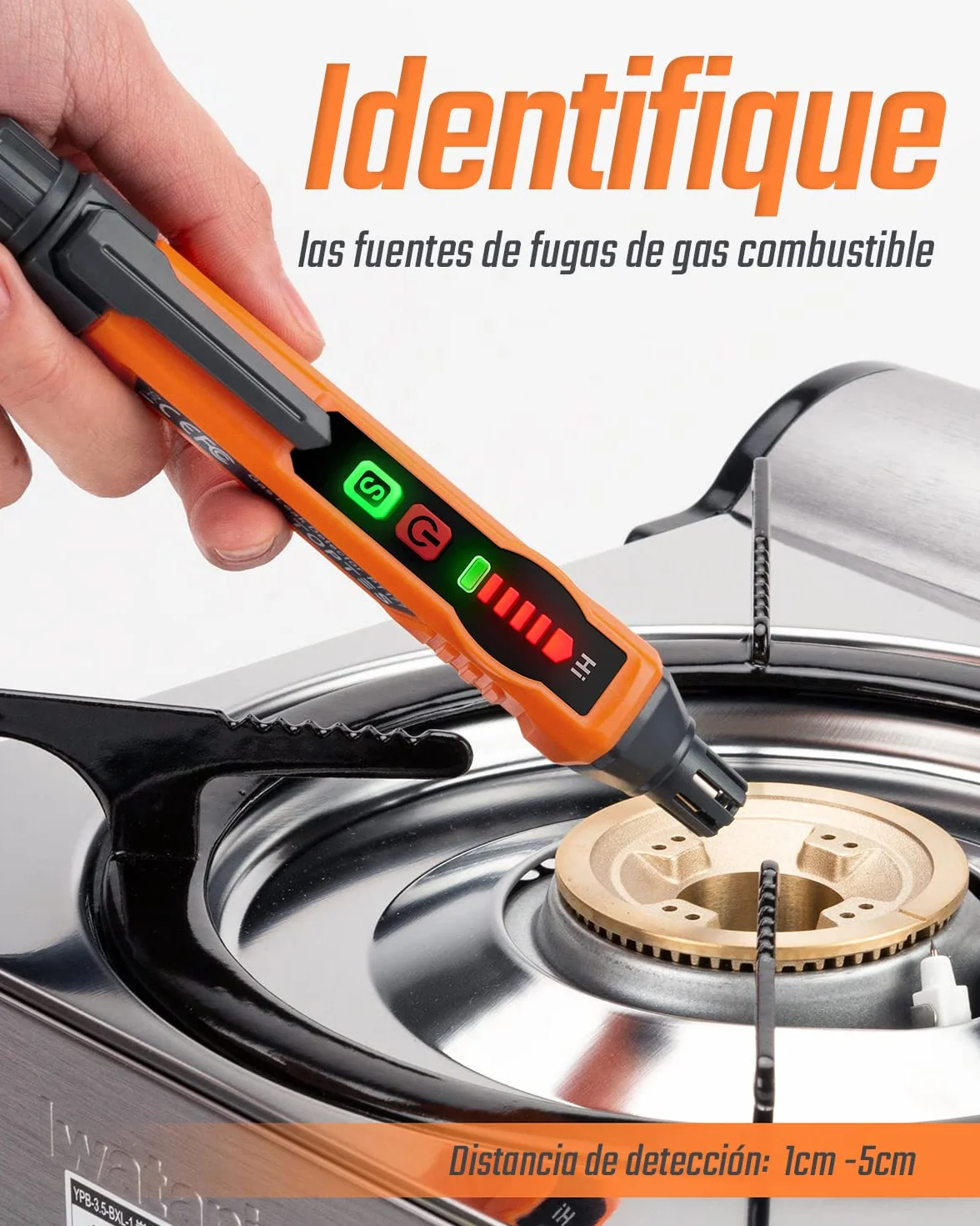 Detector de Gas Natural TopTes PT177 con Alarma Audible y Visual, para Detectar Metano y Propano en Casa o Autocaravana (Incluye 2 Baterías) - Naranja