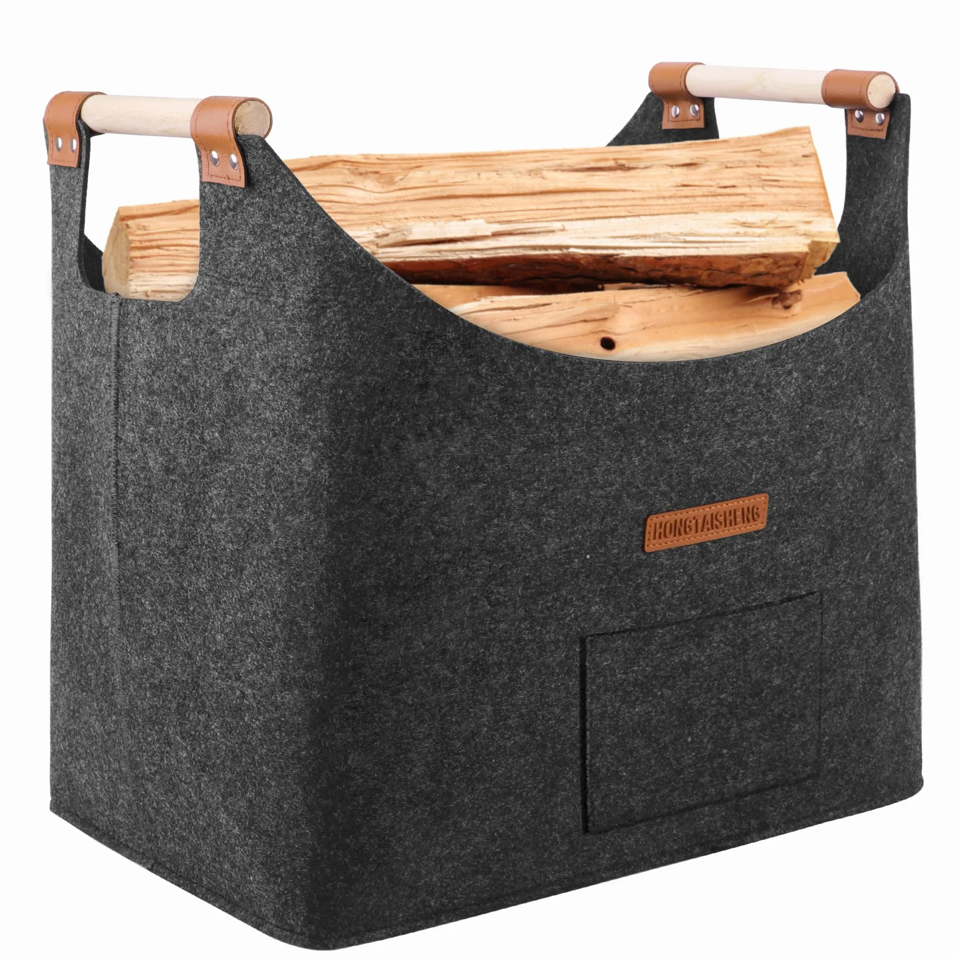 Leñero interior XL cesta de fieltro de fieltro extra grueso y asa reforzada | Cesta leña plegable bolsa de fieltro para la compra, leña, periódico o leña (Negro)