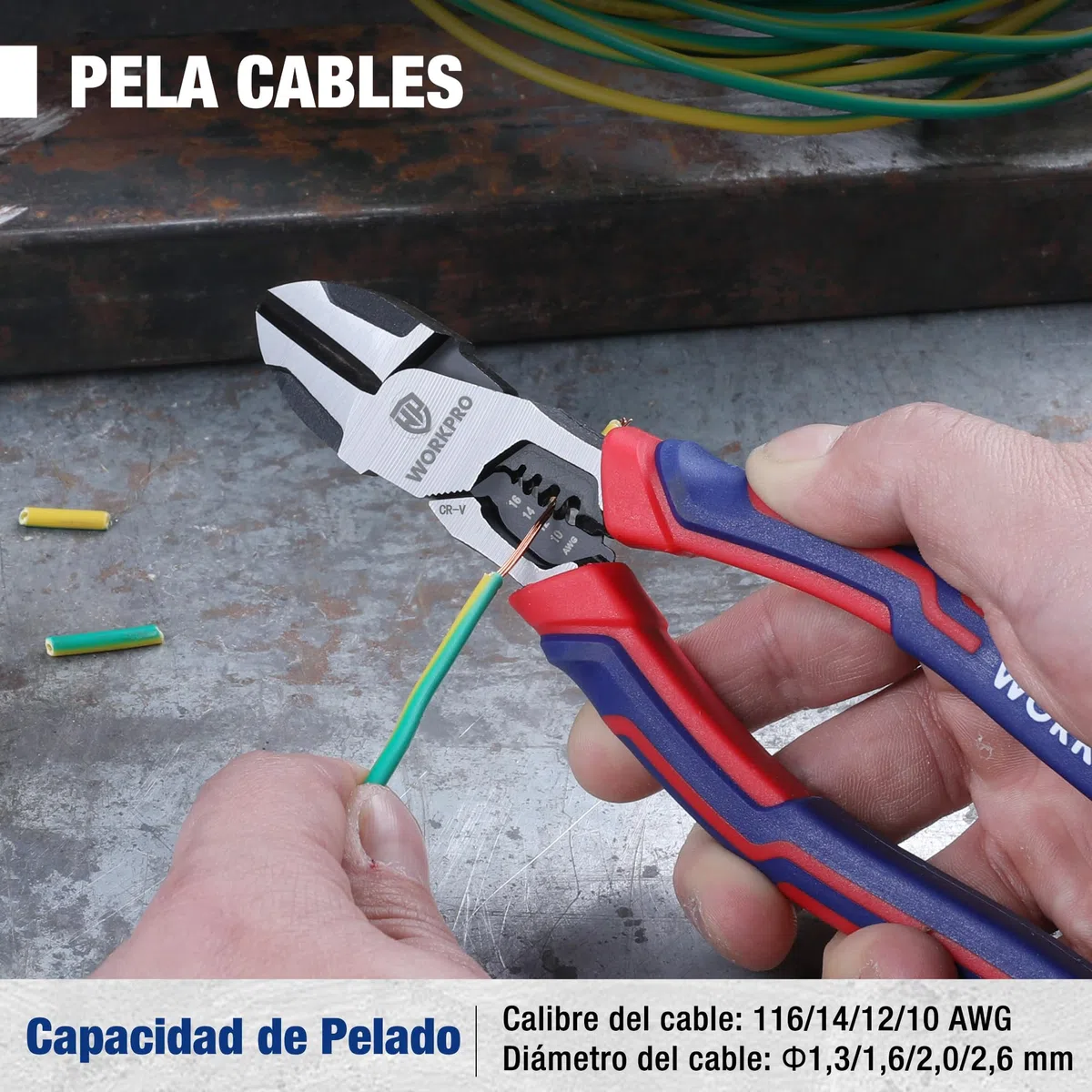 WORKPRO Alicates de Corte Diagonal, Cortadora Diagonal Professional 2 en 1, Pelacables, Cortador de Alambre, Acero Cromo Vanadio, con Mango Antideslizante (longitud 196 mm)