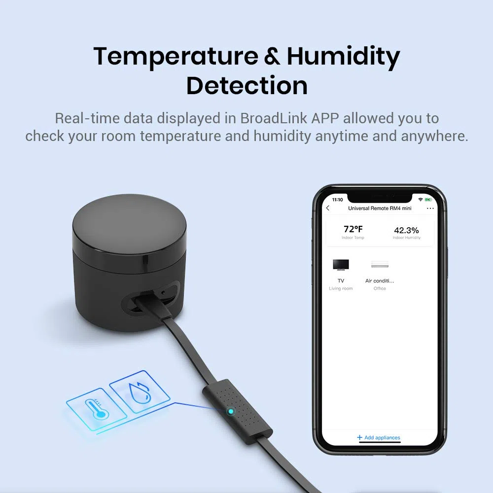 BroadLink RM4 - Mini Control Remoto Inteligente con Juego de Cables de Sensor, concentrador Universal de Control Remoto IR con Cable USB para Monitor de Temperatura y Humedad, Compatible con Alexa