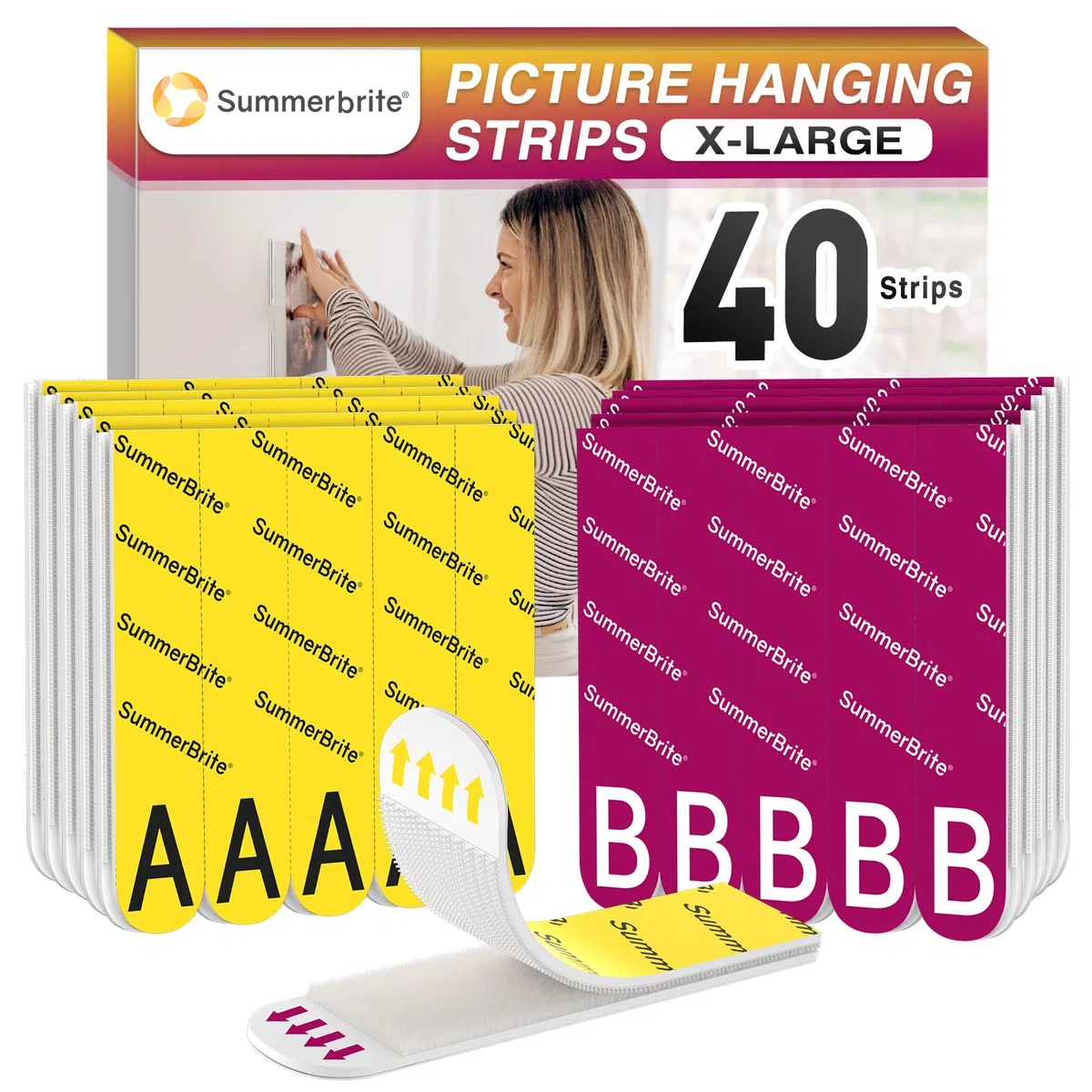 Summerbrite Tiras Adhesivas para Colgar Cuadros Sin Agujeros, 20 Pares (40 Tiras, Tamaño XL), Cuelga Cuadros Sin Clavos, Soporta 6,8 Kg, Sin Residuos, Ideal para Marcos, Decoraciones de Pared