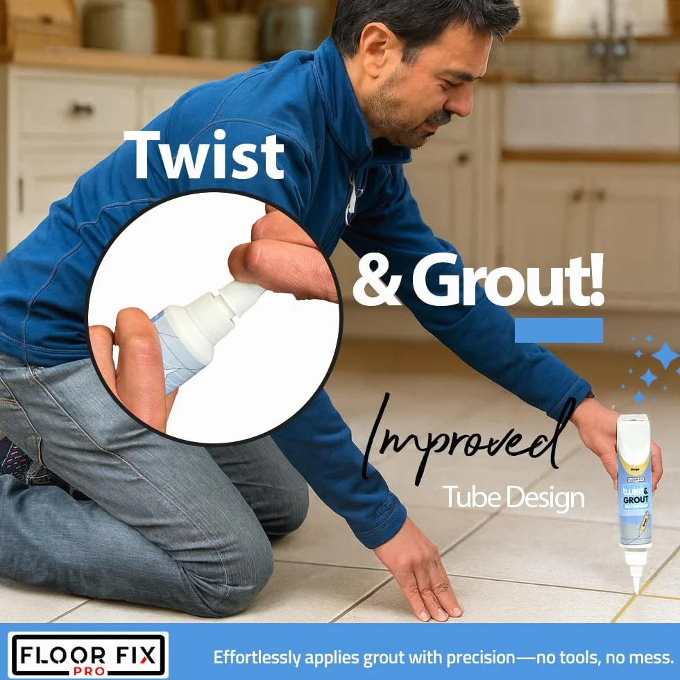 Twist & Grout de Floor-Fix Pro – Junta Para Baldosas. Reparación Rápida Para Baños/Duchas/Cocinas – Kit de Restauración Premezclado, Duradero e Impermeable - Incluye Espátula (Crema)