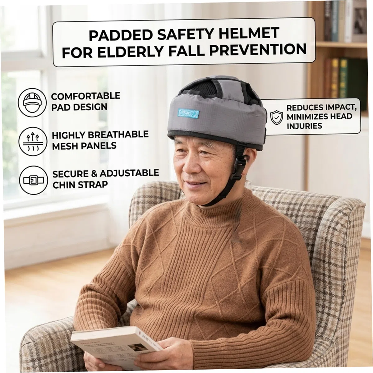 Casco antigolpes, Casco de Seguridad para Adultos, antigolpes extragrueso, Gorro Protector Suave antienvejecimiento Gris para prevención de caídas de Ancianos