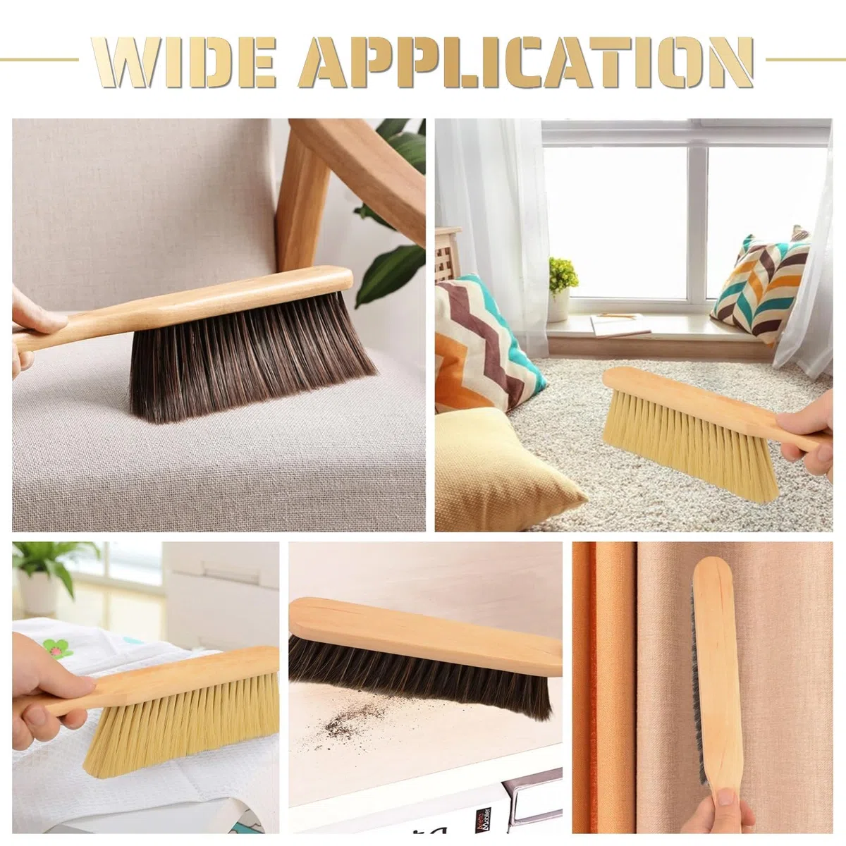 Woooden - 2 cepillos para polvo de mano con mango largo de madera, cepillo de cerdas suaves para encimera, cama, sofá, coche, chimenea, ropa, limpieza del hogar (marrón, caqui)