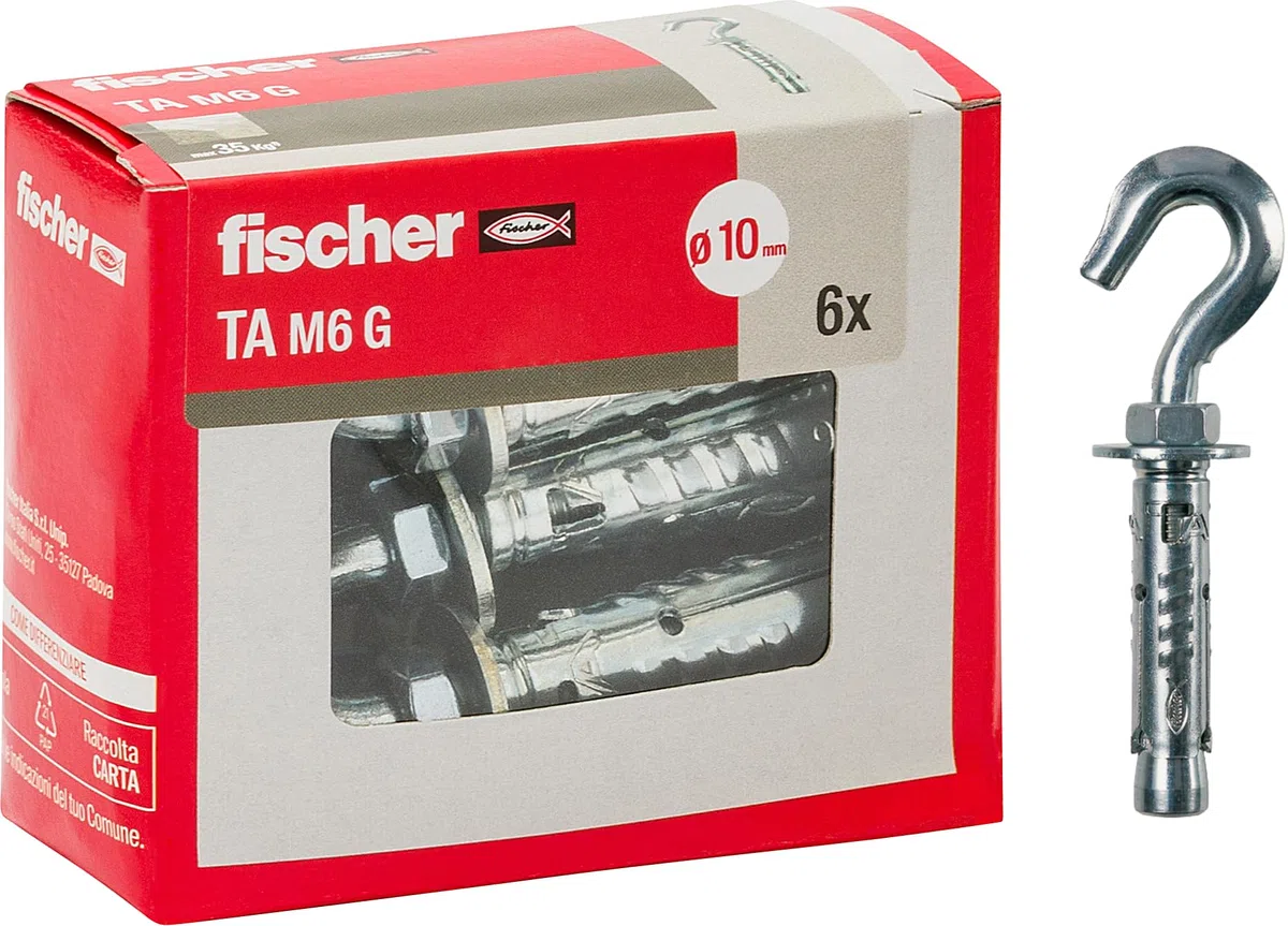 Fischer Tacos de acero TA M6 con gancho, diámetro del agujero 10 mm, para hormigón armado, hormigón y mampostería sólida, 6 unidades, 71256