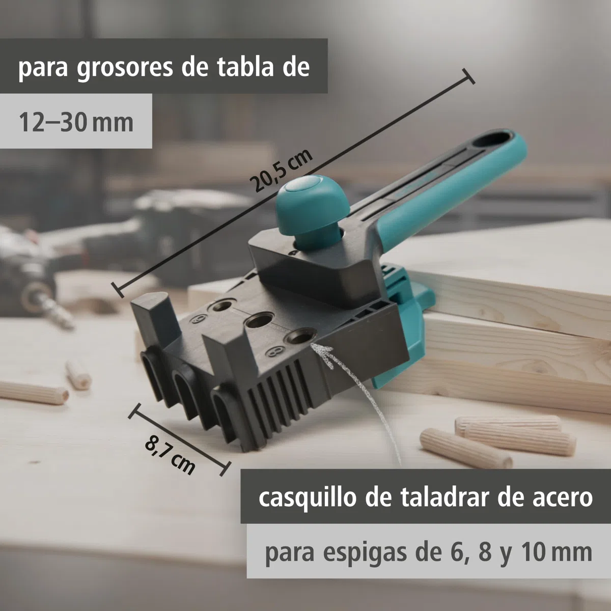 wolfcraft Maestro para espigado para ensamblar madera I 4640000 I Accesorio para uniones perfectas en T, de rincón y uniones de superficies de tablas I Para espigas de madera de 6, 8, 10 mm diametro