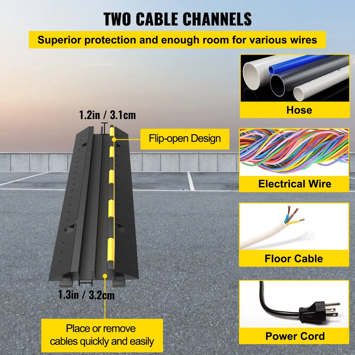 VEVOR Pasacables para Suelo de Caucho y PVC Rampa de Protección de Cables de 2 Canales 2 Piezas Protector de Cable para Suelo Carga de 4,989 kg Rampa de Cable 101 x 24,5 x 5 cm Reductor de Velocidad