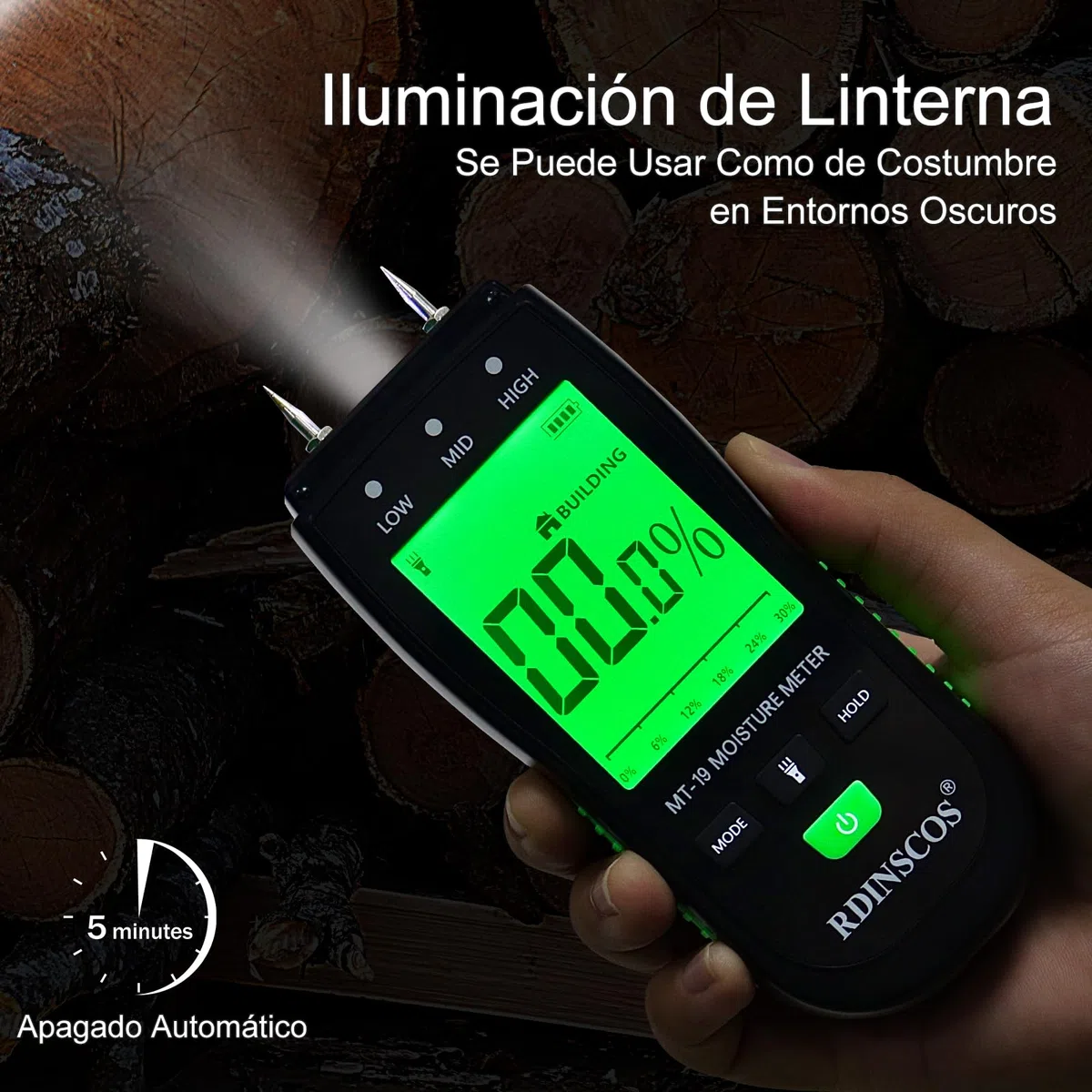 RDINSCOS Medidor de Humedad con Pantalla LCD,Detector de Humedad con Botón HOLD,Alarma para Paredes de Yeso/Madera