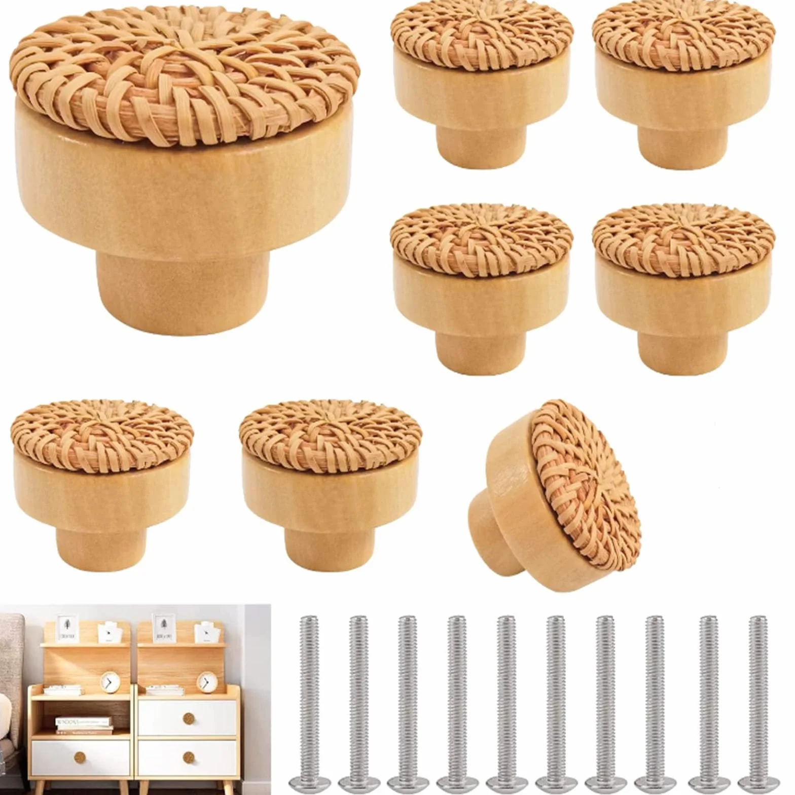 Lot de 8 tiradores de muebles en ratán - 40 mm - Para armario y cajón - Estilo bohemio - Natural - Para armarios