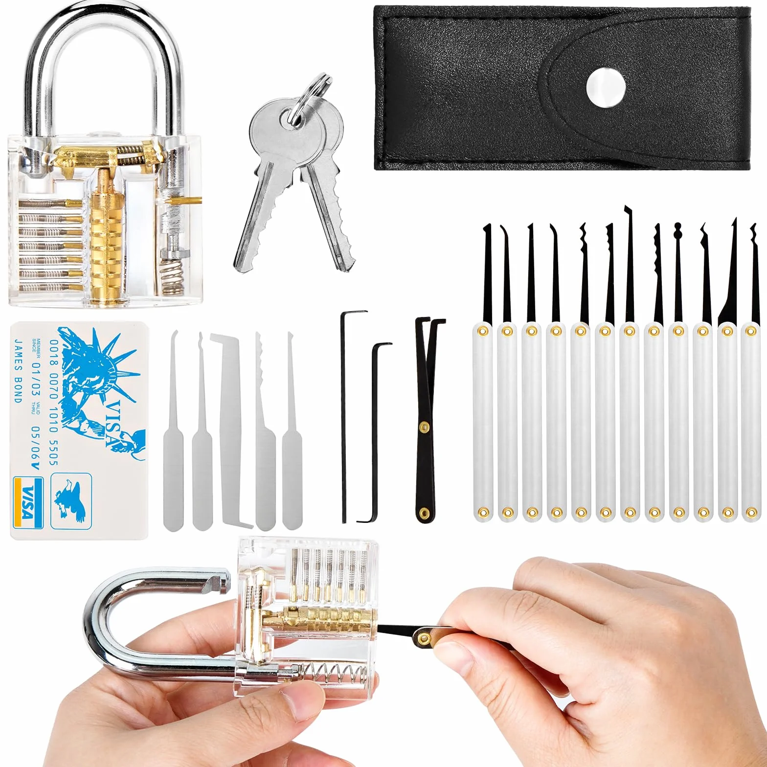 Juego de Herramientas para Abre Candados, Juego de Ganzúas Cerrajería Profesional con Cerraduras Transparentes para Prácticas y Herramientas del Tamaño de una Tarjeta de Crédito Lock Picking Kit
