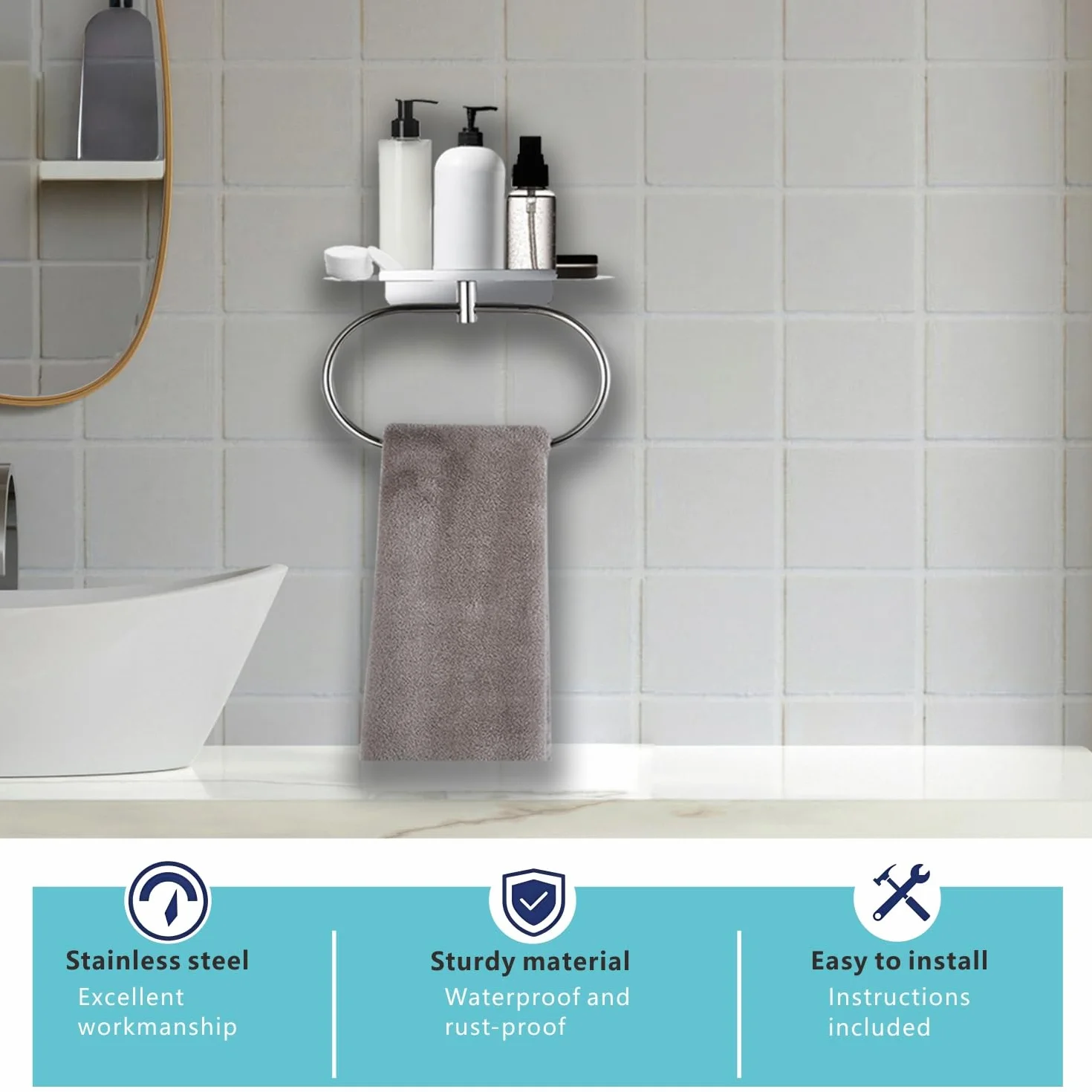 Anillo de Toalla con Estante de Acero, Soporte Adhesivo de Acero Inoxidable, Anillo de Toalla de Mano Autoadhesivo para Baño, Colgador de Toallas Montado en la Pared para Baño (Cromado)