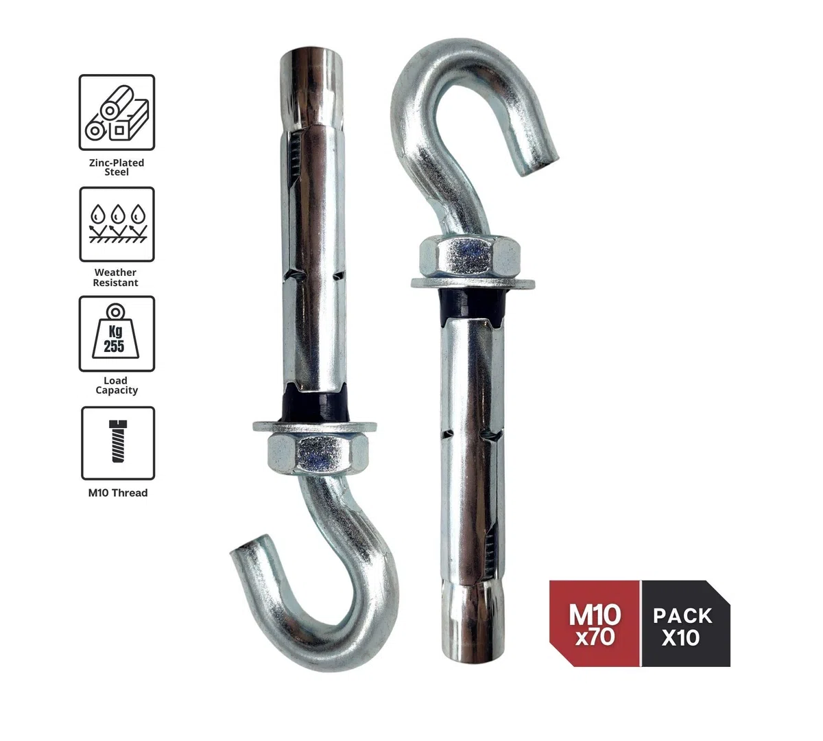 DOJA Industrial | Tacos Anclaje Metalico de Expansion con Gancho | M10x70 | PACK 10 | Tacos hormigon, pared, chapas metalicas | Espiches de pared, Tornillo expansivo, Espirros anclaje, inviolables