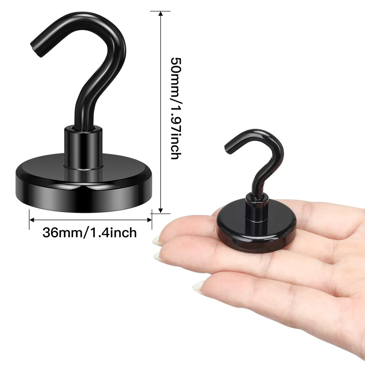 Wukong - Ganchos magnéticos de 36 mm, 6 ganchos magnéticos, 45 kg (100 lb), percha magnética, negro imán de neodimio súper potente para cocina, almacén y exterior