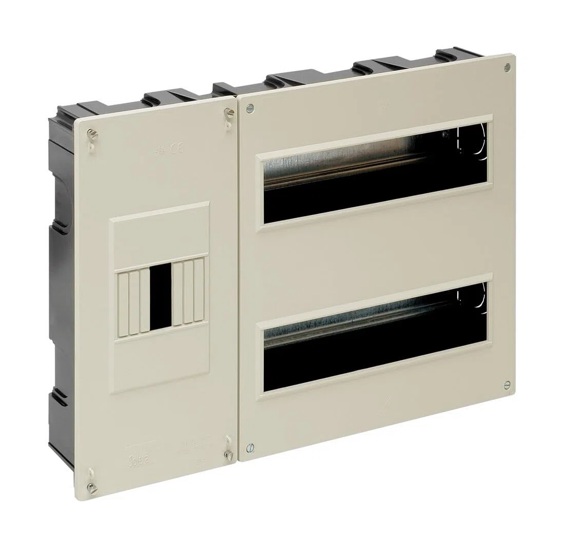 Caja de distribución hasta 24 elementos, 410x270x68mm, color marfil, ideal para instalaciones eléctricas y protección de circuitos.