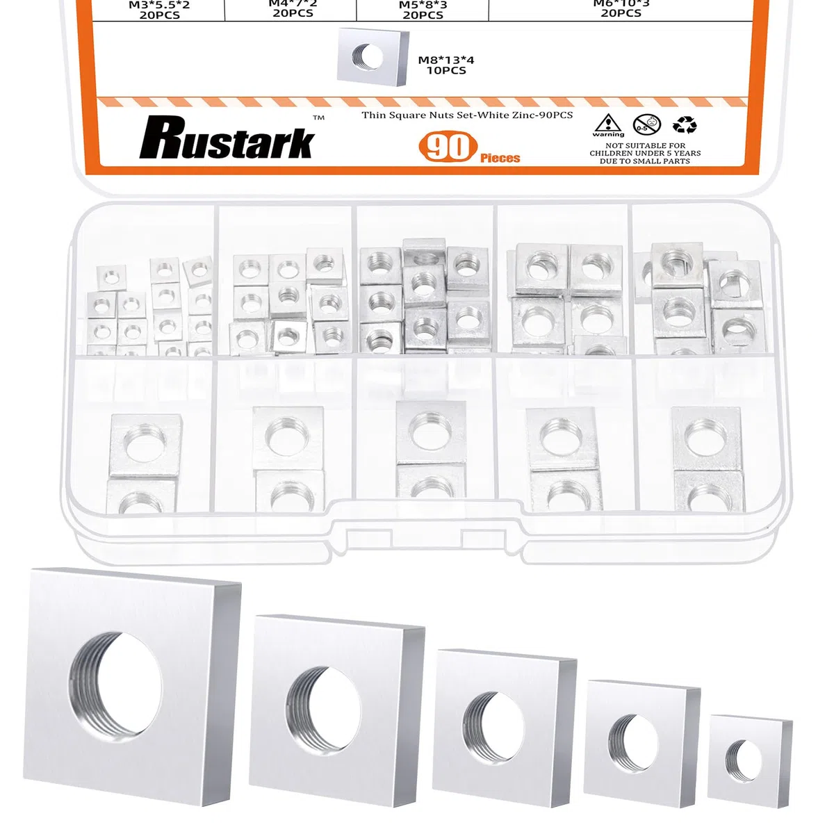 Kit surtido de 90 tuercas cuadradas M3 M4 M5 M6 M8, tuercas cuadradas para máquina de rosca gruesa métrica chapada en zinc blanco para equipos electrónicos mecánicos