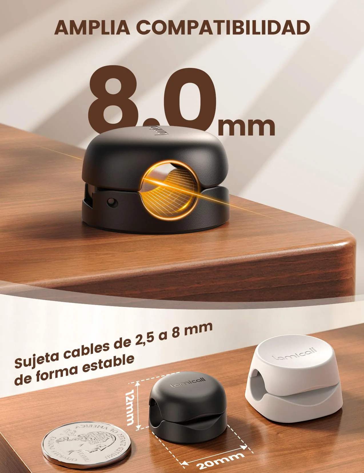 Lamicall [6 Piezas] Clip de Cable de Resorte - [Super Mini & Ahorro Espacio] Organizador Cable Autoadhesivo Sin Residuos, Clip Cable para HDMI, USB, PC, TV, Hogar, Cocinas, Oficina, (8mm) - Negro