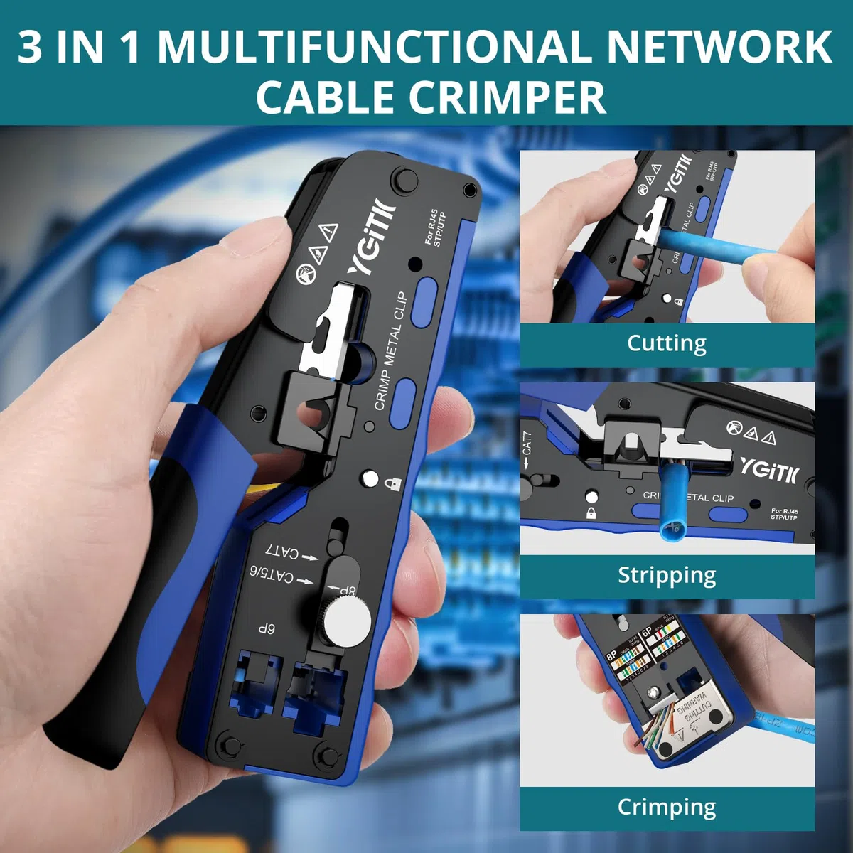 RJ45 Herramienta de Crimpado con Probador Red, Kit de Herramienta de Red Alicates de Crimpar para CAT5, CAT5e, CAT6, CAT6a, CAT7, CAT7a con 50pcs Conector CAT6 Chapado en Oro y 50pcs Funda Azul