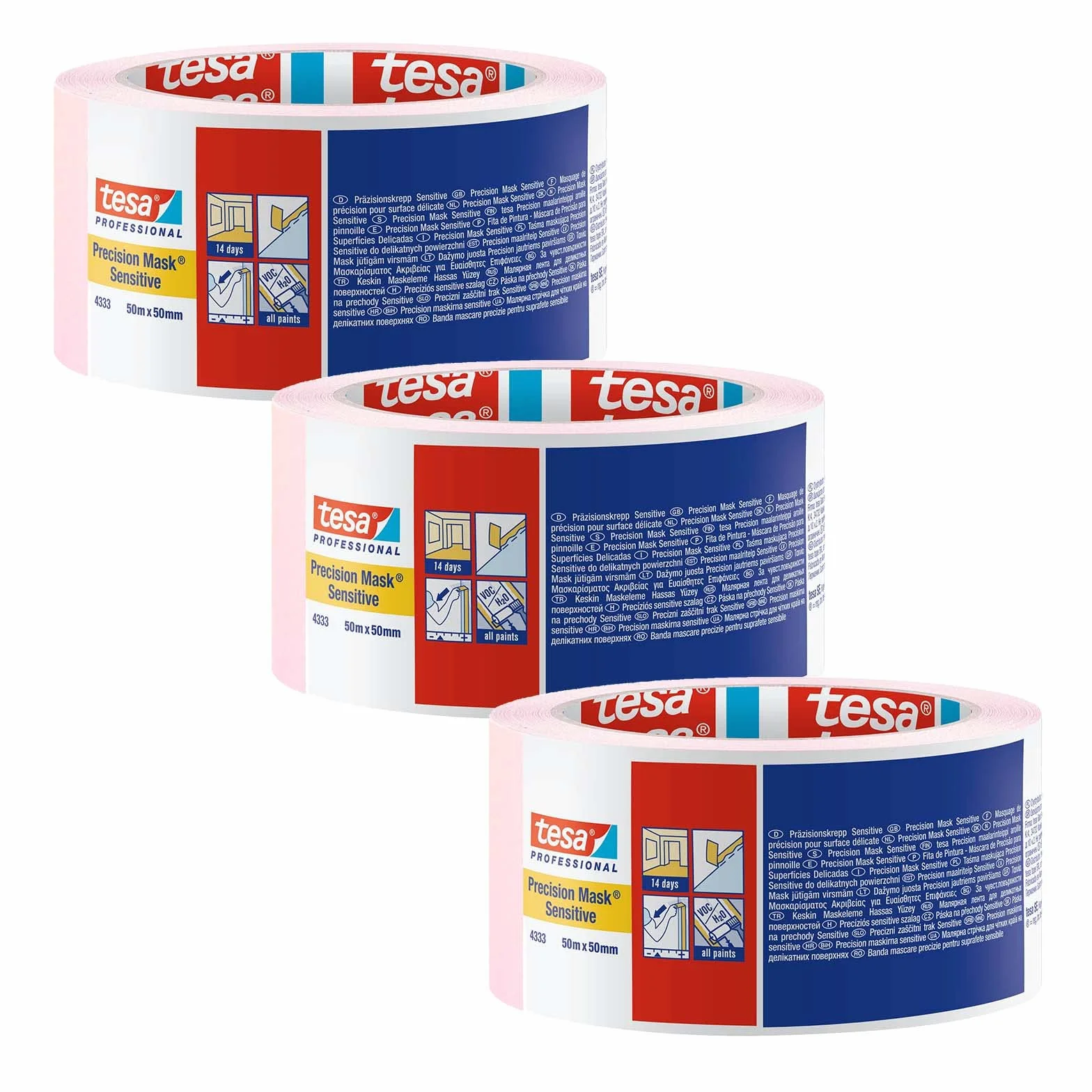 tesa 4333 - Cinta de enmascaramiento de precisión sensible para ocultar superficies sensibles en interiores, muy bajo espesor, rosa claro, lote de 3-50 m x 50 mm cada uno