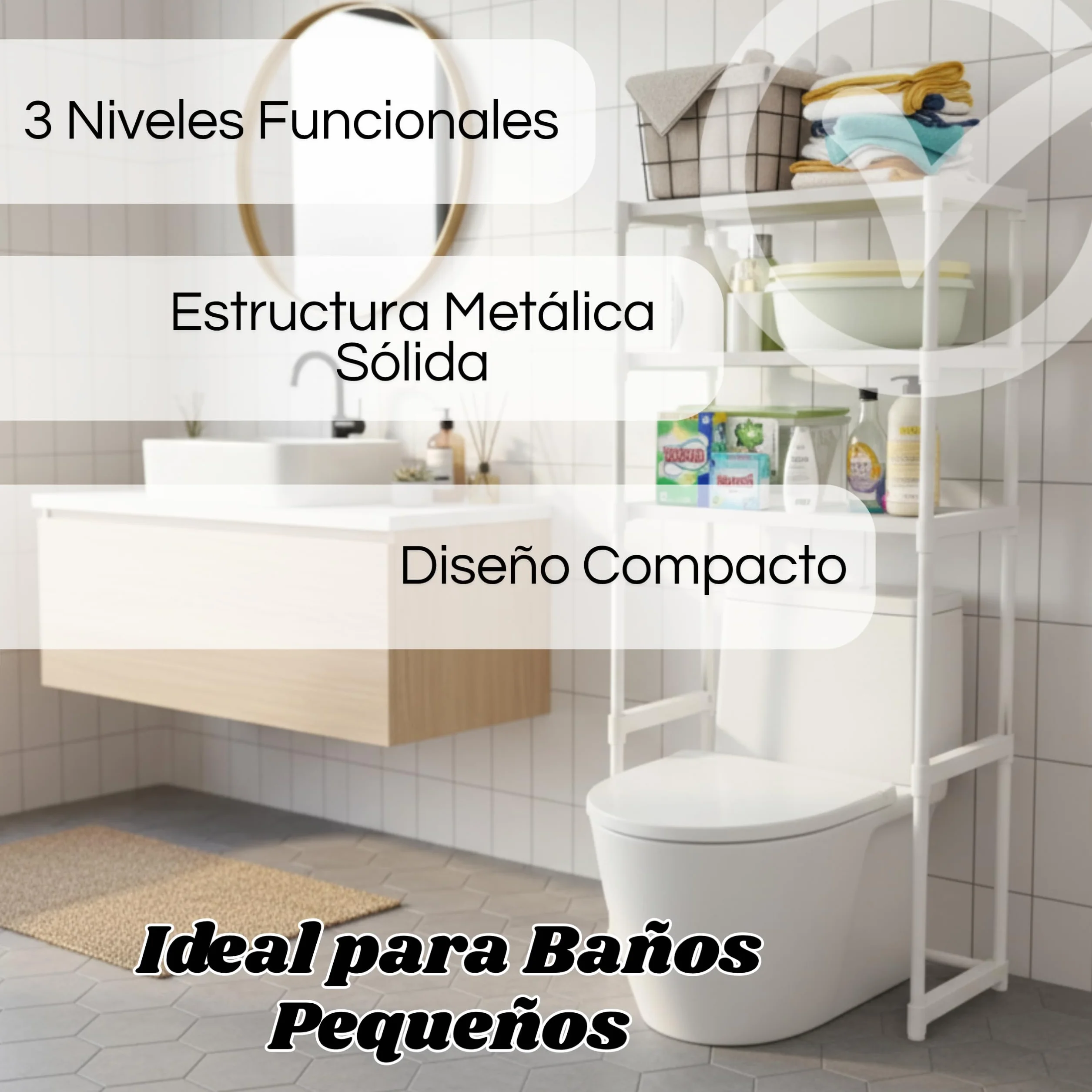 Weida | Estantería Baño-Lavadora | con 2 Baldas de Almacenamiento | Estructura metálica Resistente, diseño Moderno y Compacto para Ahorrar Espacio | Color Blanco (63.5cm-30cm-132cm)