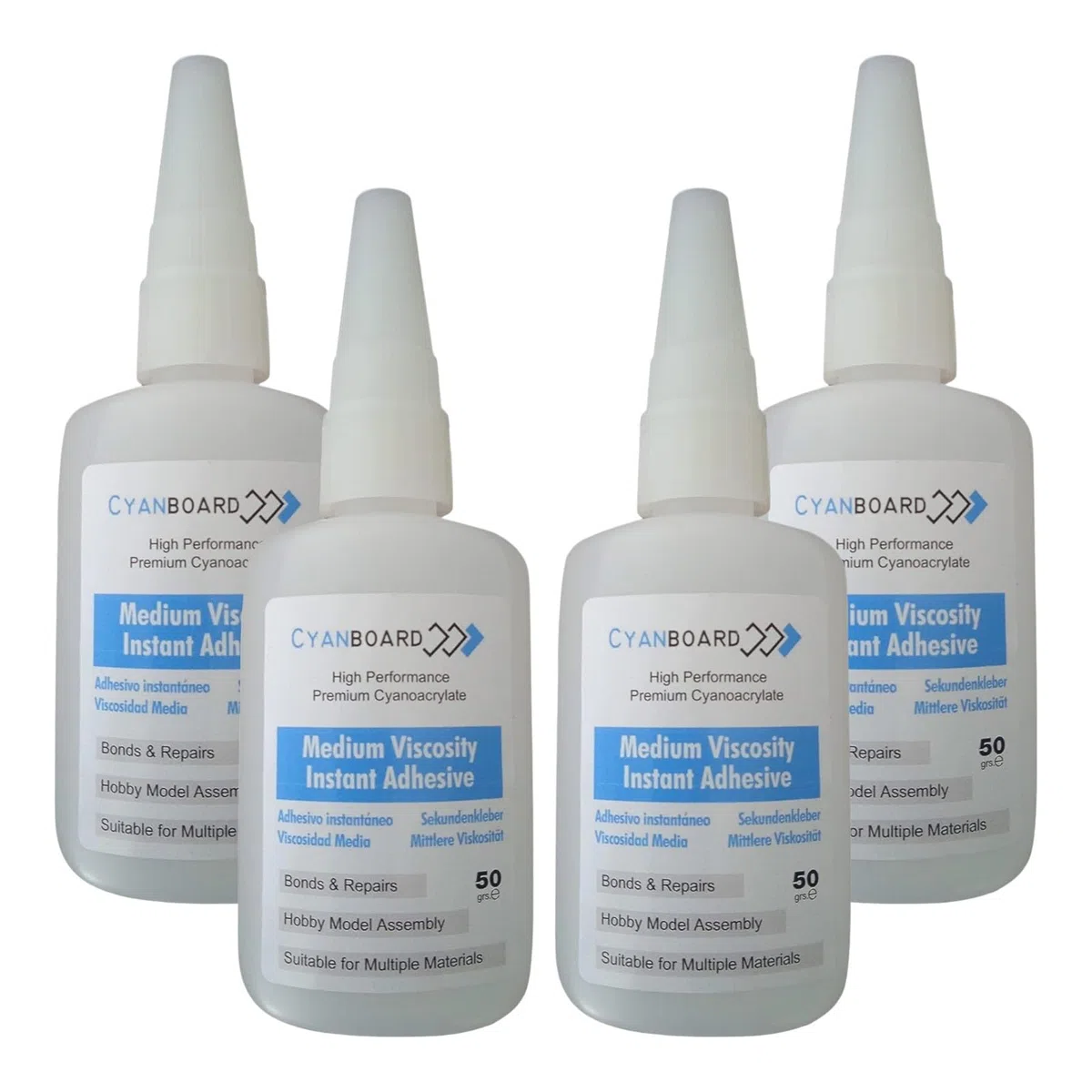 4 unidades de 50grs de adhesivo instantáneo de cianoacrilato viscosidad media. Pegamento múltiples materiales, modelismo y maquetas, reparaciones.
