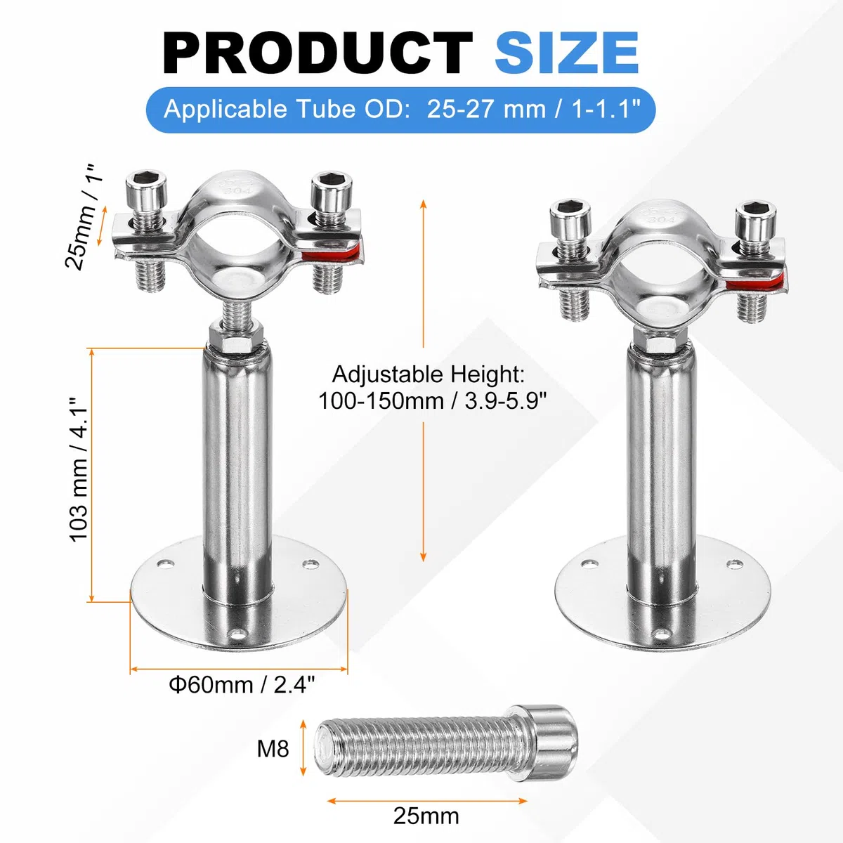 QUARKZMAN 2 Piezas Soportes Para Tubos De Pared O Techo De Acero Inoxidable 304 Abrazadera Ajustable Para Tubos Con Diámetro Exterior De 1"-1.1" (25-27mm) Altura Ajustable 100-150mm