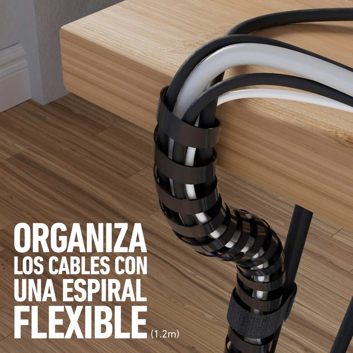 D-Line Kit Organizador de Cables – Bandeja para Cables bajo Escritorio con Envoltura en Espiral, Banda y Clips – Fácil de Instalar, Reduce el desorden y Organiza el Espacio