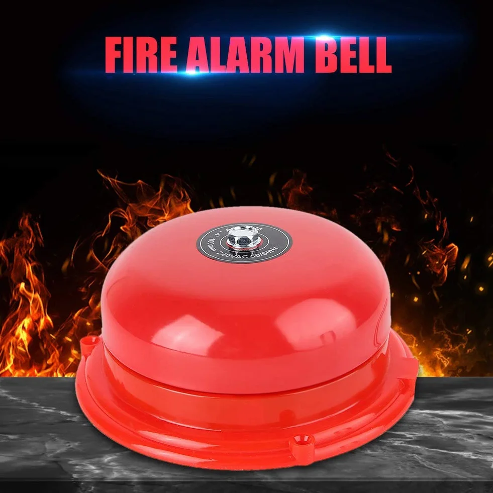 Timbre Eléctrico de Alarma contra Incendios, 4 Pulgadas, Metal, 100db, 220V, Rojo, Montaje en Pared o Techo