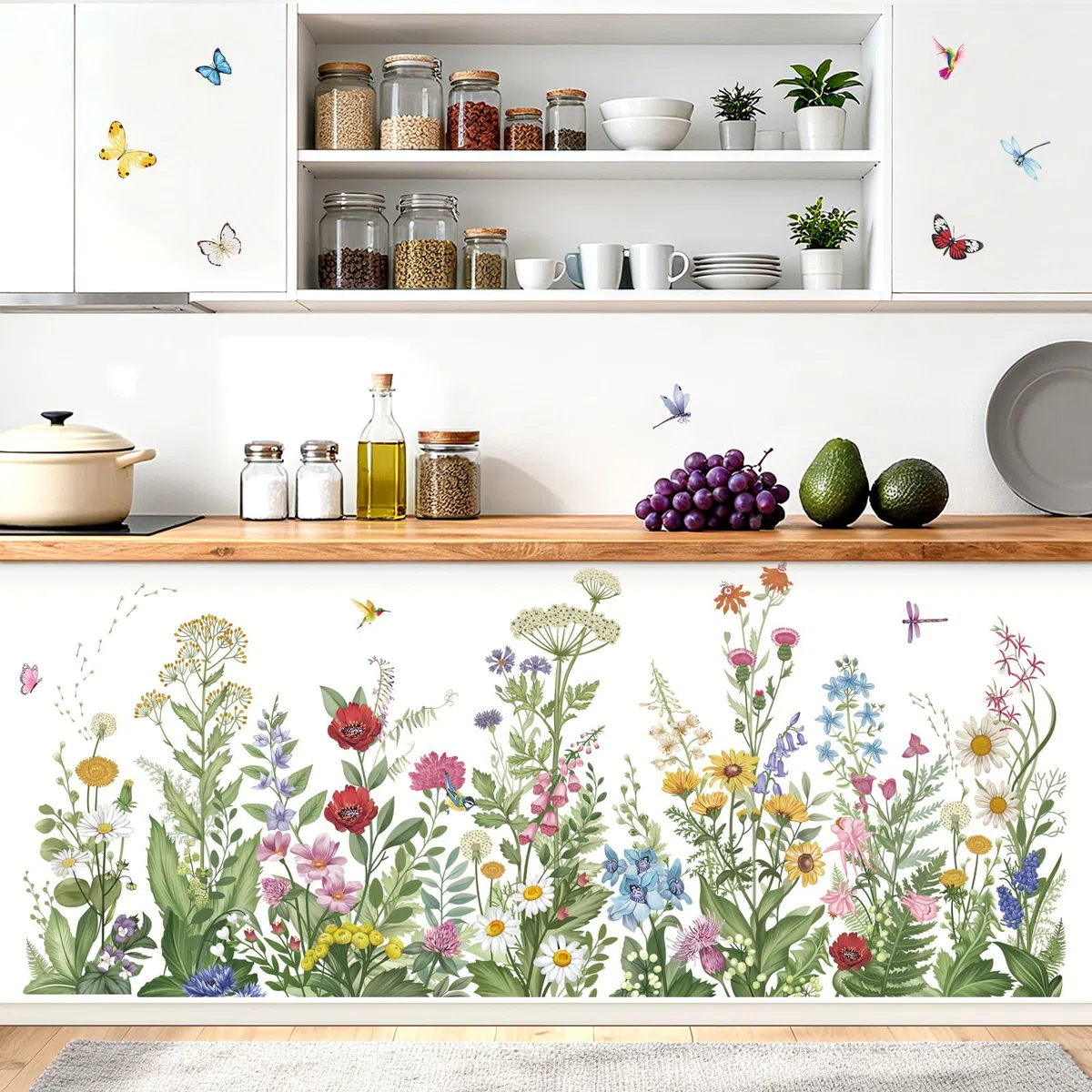 wondever Pegatinas de Pared Flor Silvestre Hierba Adhesivos Pared Decorativos Plantas Verdes Hojas Mariposa Vinilos Pared para Salón Dormitorio Oficina