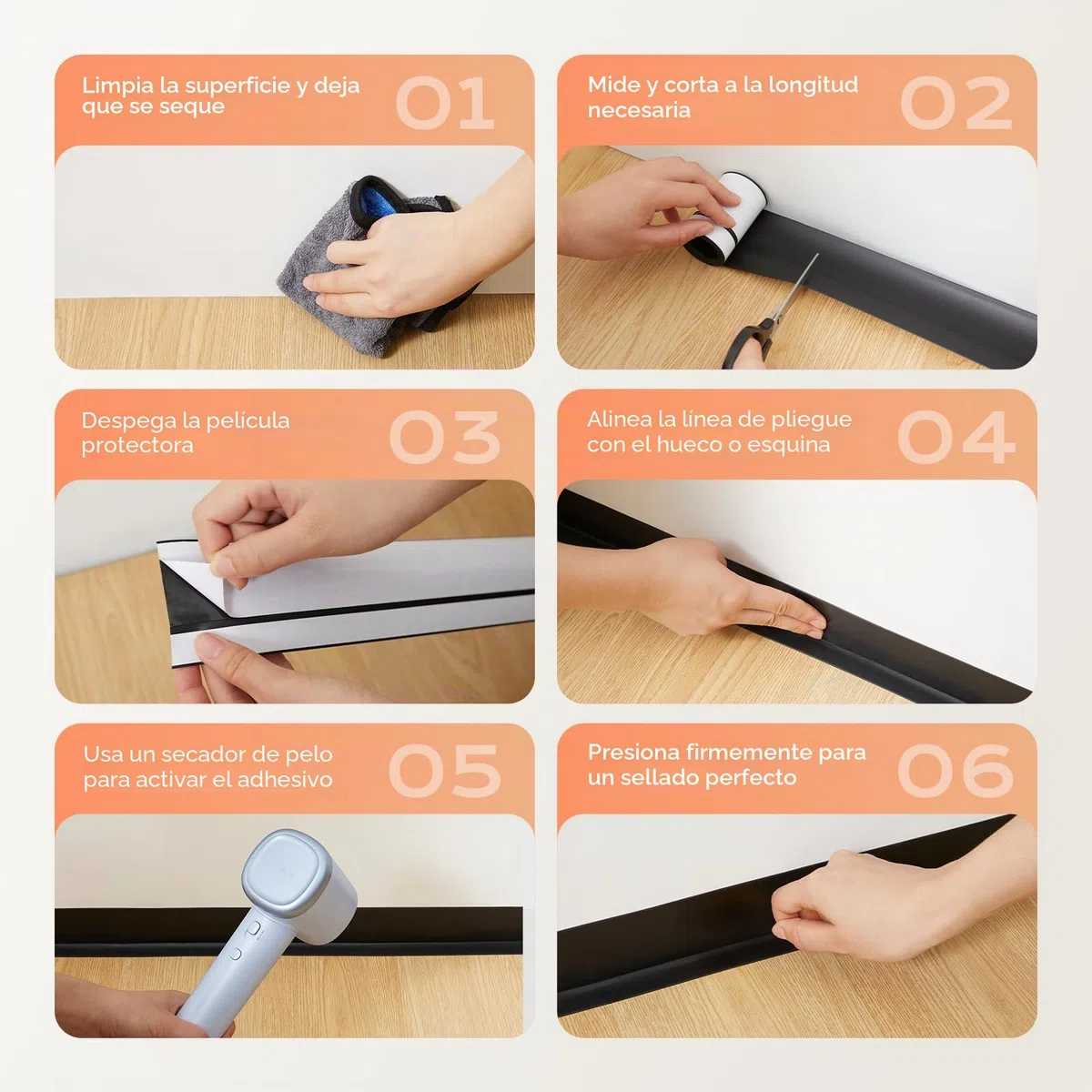 Rodapié Flexible Autoadhesivo, 5 Metros 50x20mm Plegable para Cocina, Baño y Pared, Decorativo, Resistente a Los Rayos UV, Negro