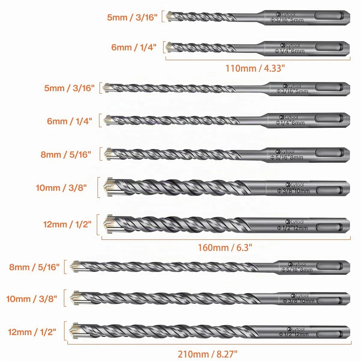10 pieza Juego de Brocas SDS-Plus, Lytool Profesional Brocas Hormigón de Cruceta para Taladrar en Hormigón, Piedra Natural, Mampostería (5, 6, 8, 10, 12 mm)