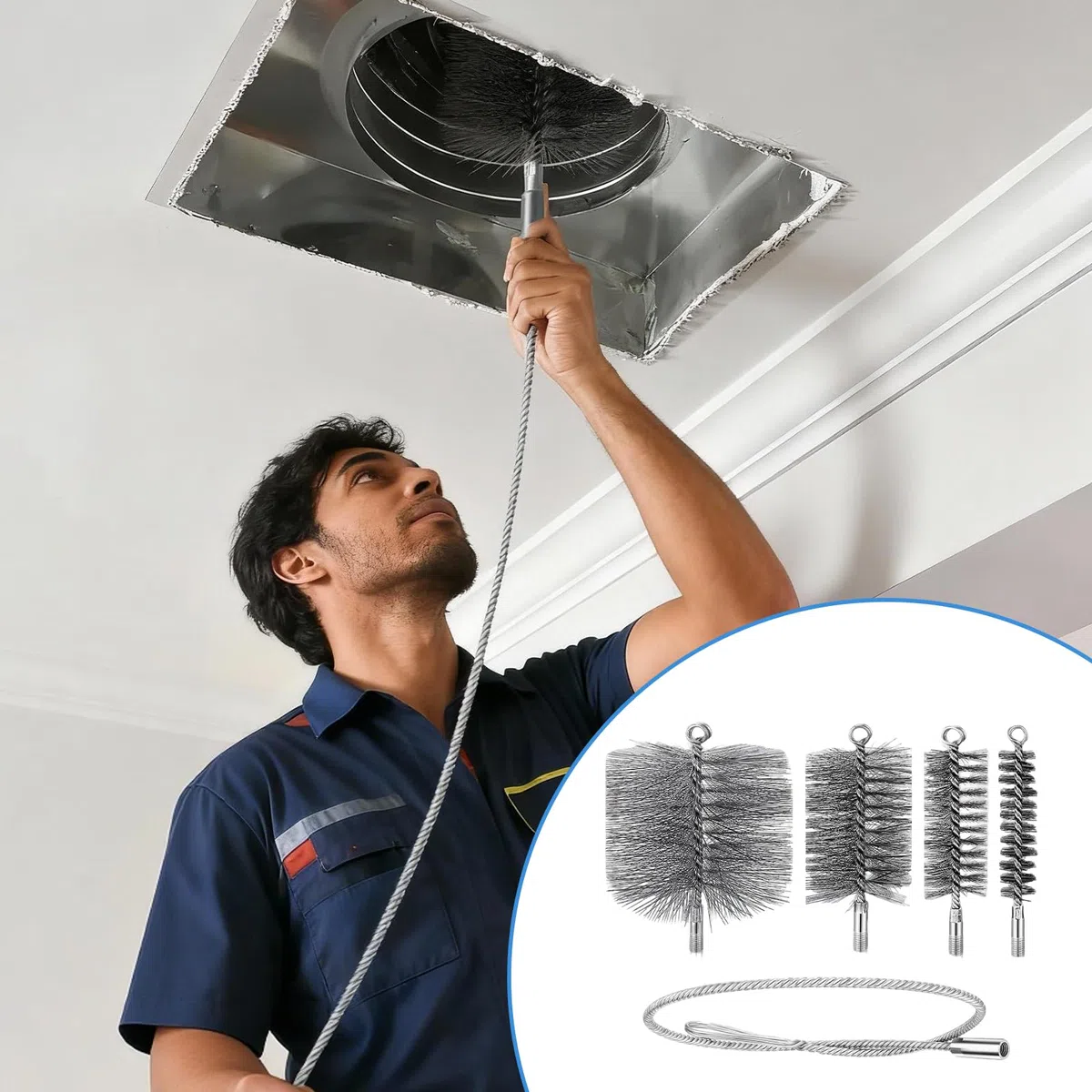 Juego de 5 cepillos para tubos de estufa, cepillo de limpieza, pasamontañas, cepillo de chimenea para chimenea, para tubos y limpieza, incluye 4 cepillos y 1 cable de acero