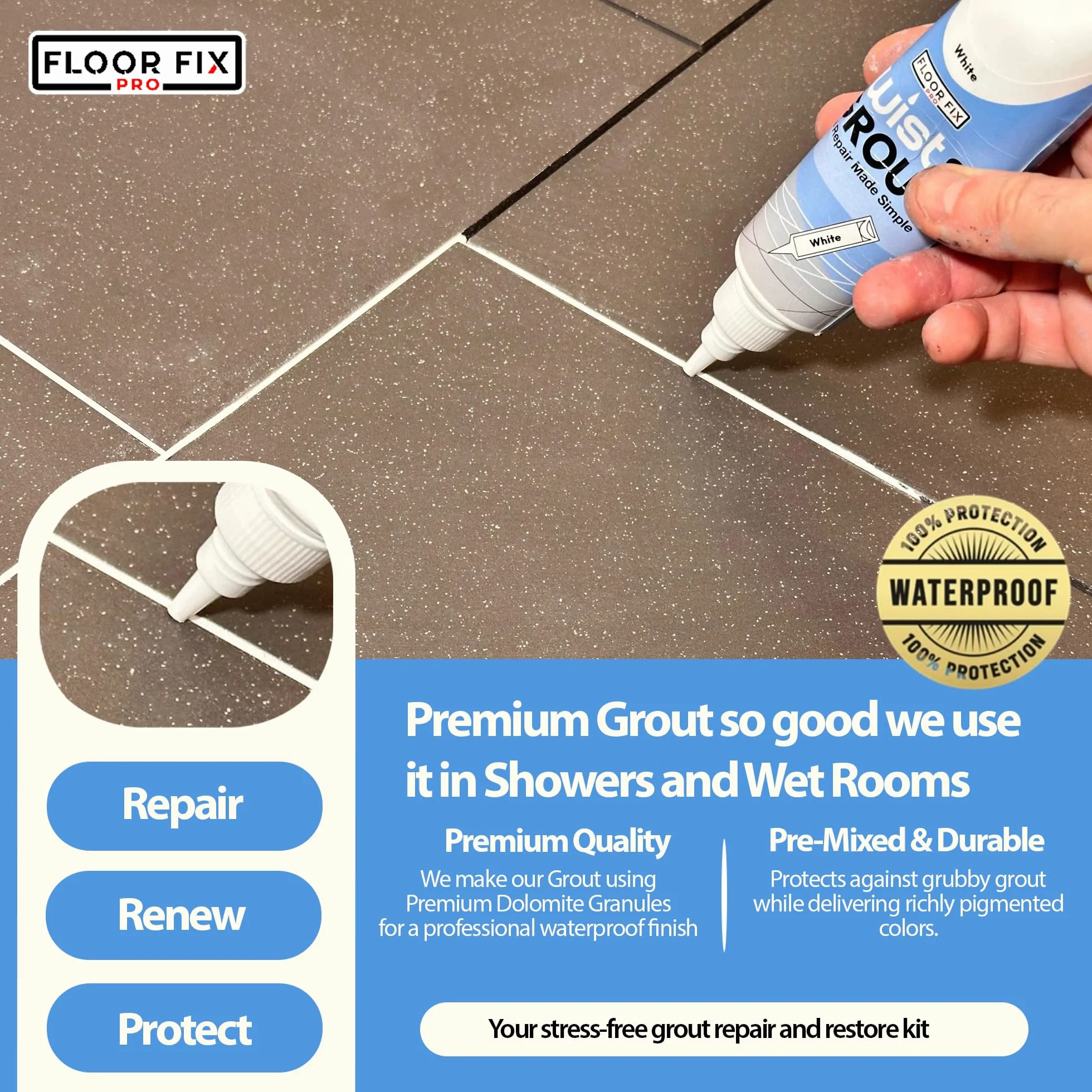 Twist & Grout de Floor-Fix Pro – Junta Para Baldosas. Reparación Rápida Para Baños/Duchas/Cocinas – Kit de Restauración Premezclado, Duradero e Impermeable - Incluye Espátula (Crema)