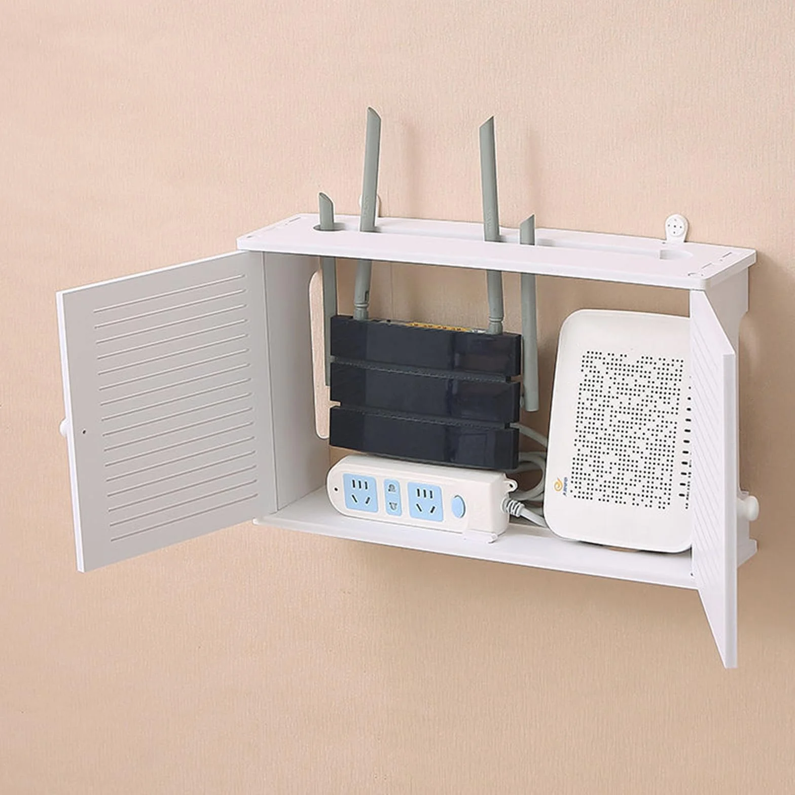 Caja Router Pared, Caja de Almacenamiento de Router WiFi Router Pared Cajas de Almacenamiento de Cables Router Estante de Madera para con Puerta de Armario para Decoración del Hogar (B)