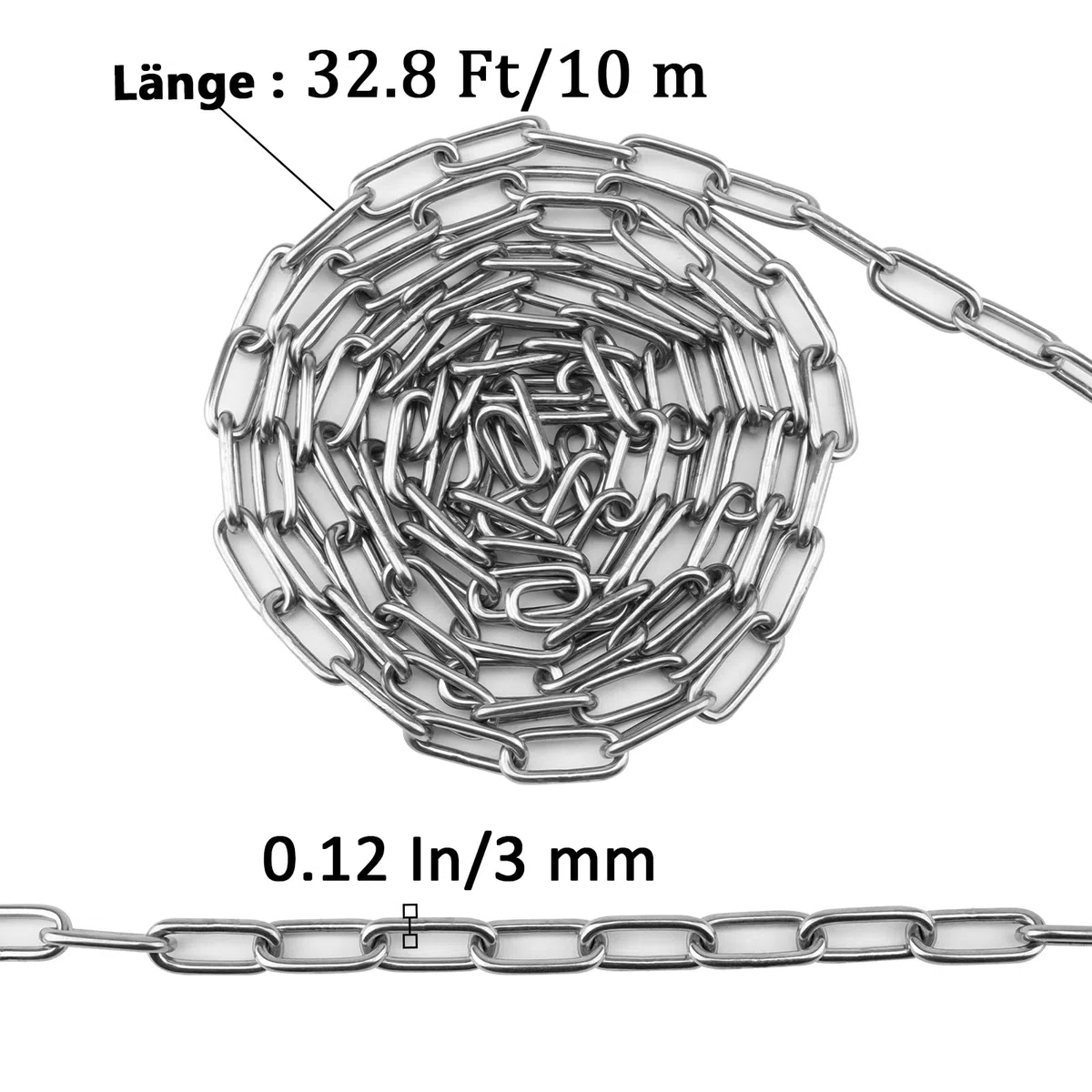 Cadena de acero inoxidable de 10 m x 3 mm, eslabones soldados, cadena de acero inoxidable, cadena de eslabones cortos, para bricolaje, cadena giratoria, secado de la cadena de la ropa