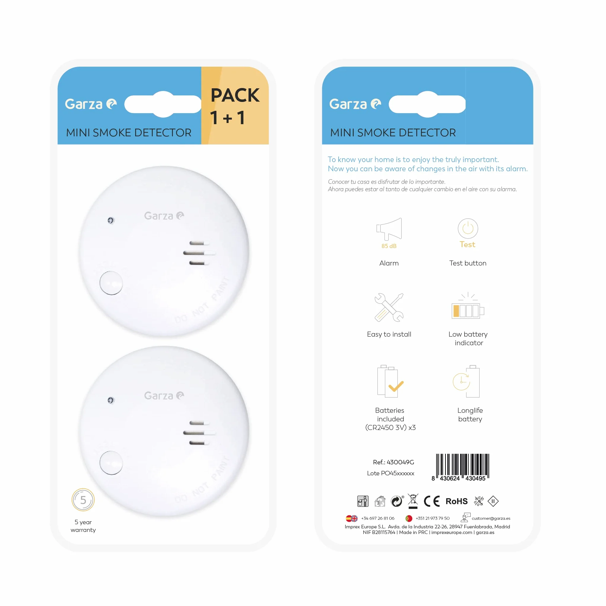 Garza - Pack de 2 Detectores de Humo Mini, Diseño Ultracompacto, Sensor Fotoeléctrico, Alarma 85dB, Batería 9V Incluida, Instalación sin Cables, Indicador LED y Botón Test