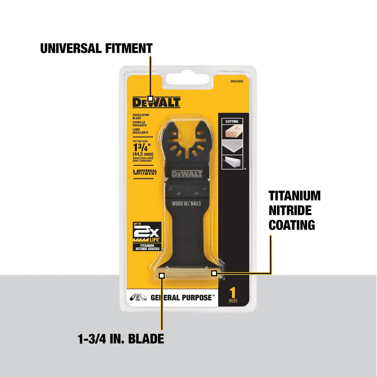 DEWALT Cuchilla oscilante para madera con clavos, ancha, recubierta de nitruro de titanio (DWA4204), color negro