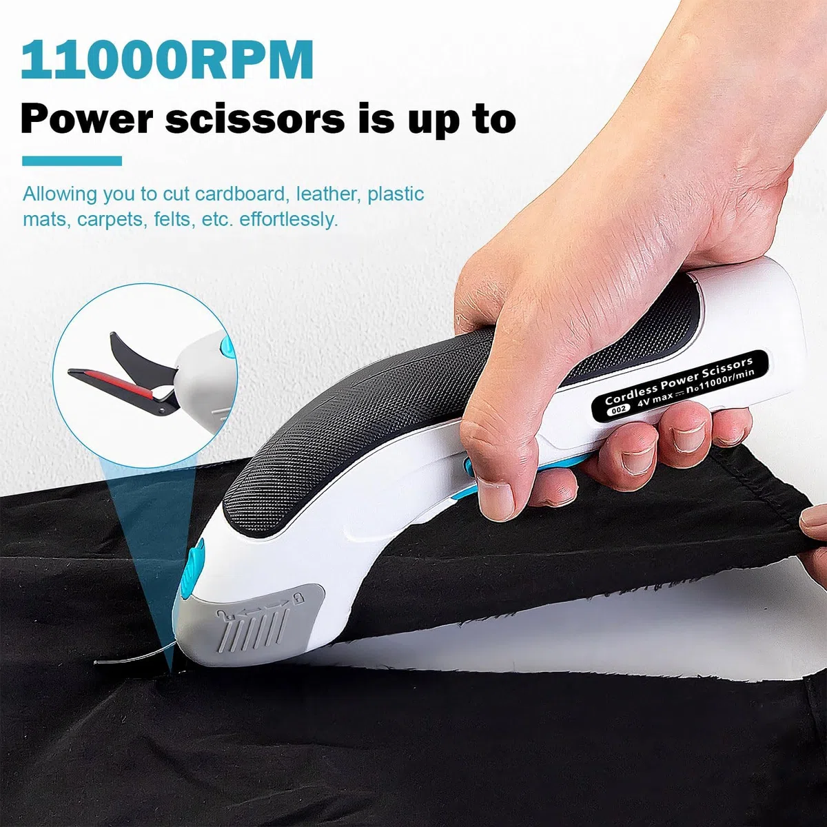 VOBOR Tijeras Electrica Costura, Inalámbrica Ecargables USB, Hojas de Acero de Tungsteno, 2000mAh Cortador de Tela Para Cartón Cuero Alfombra PVC