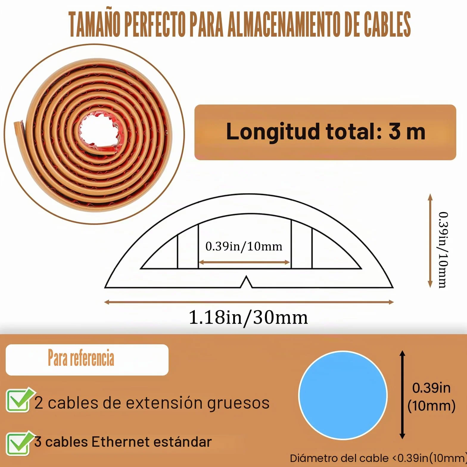 Canaleta Cables Suelo Madera 3cmx3m PVC Pasacables Suelo Protector Autoadhesivo