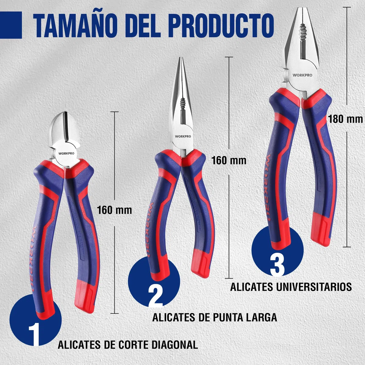 WORKPRO Juego de Alicates, Alicates Profesionales 3 Piezas, Alicate de Punta Larga de 160mm, Alicate de Corte Diagonal de 160 mm, Alicate Combinado de 180 mm